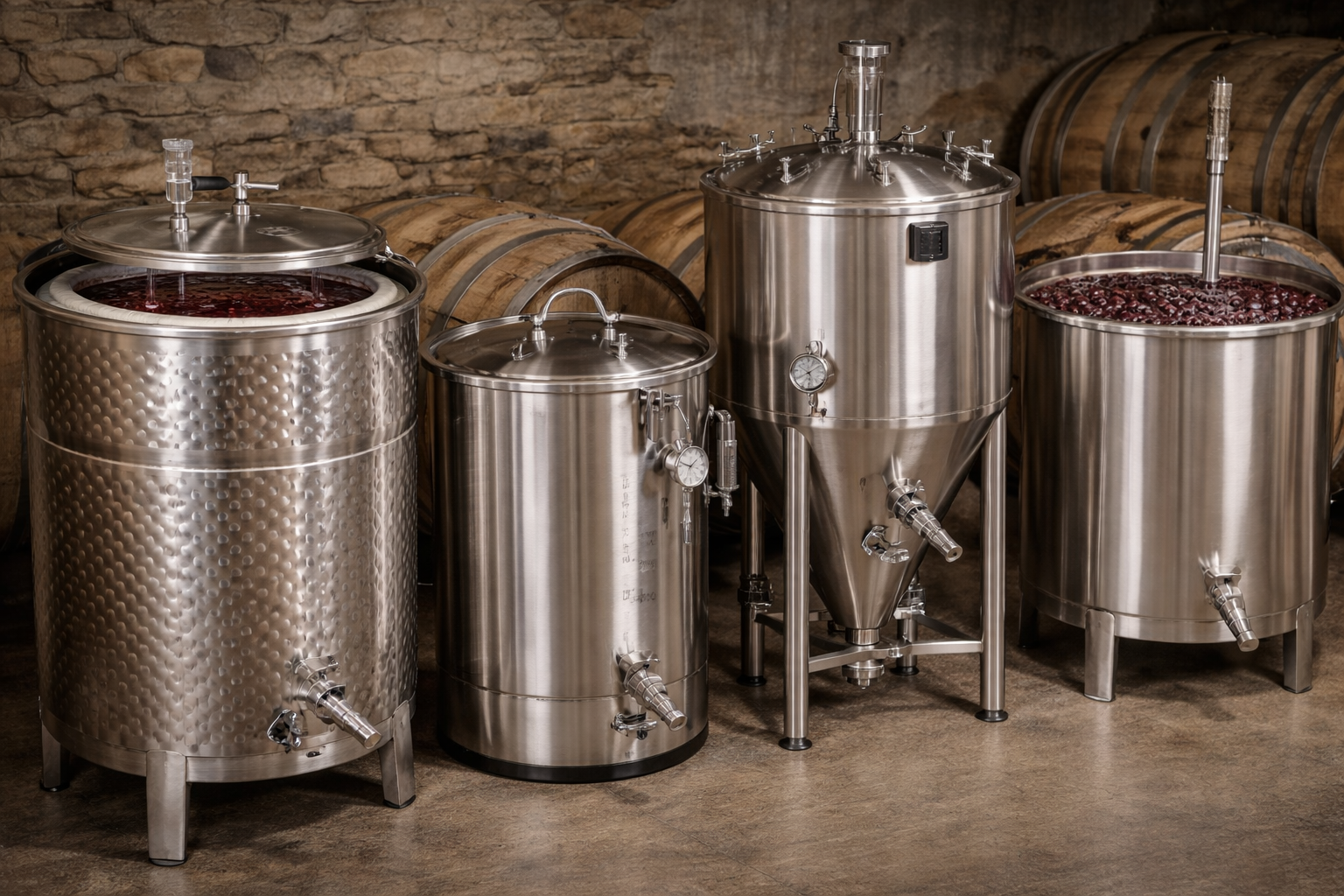 7 Best Stainless Steel Fermenters for Wine, Ranked by Fit 2 Side-by-side view of variable-capacity, bucket-style, conical, and open-top stainless wine fermenters