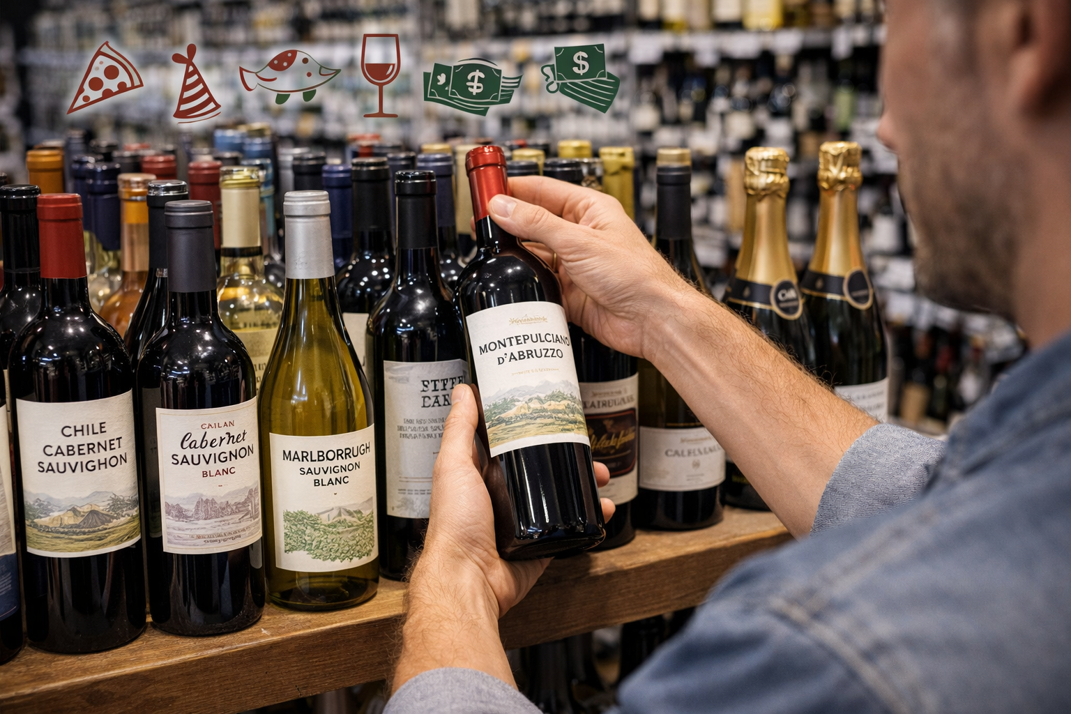 Best Wine for Your Buck: 9 Smart Bottles and Buying Rules 3 Shopper comparing wine bottles on a store shelf while checking labels for value clues