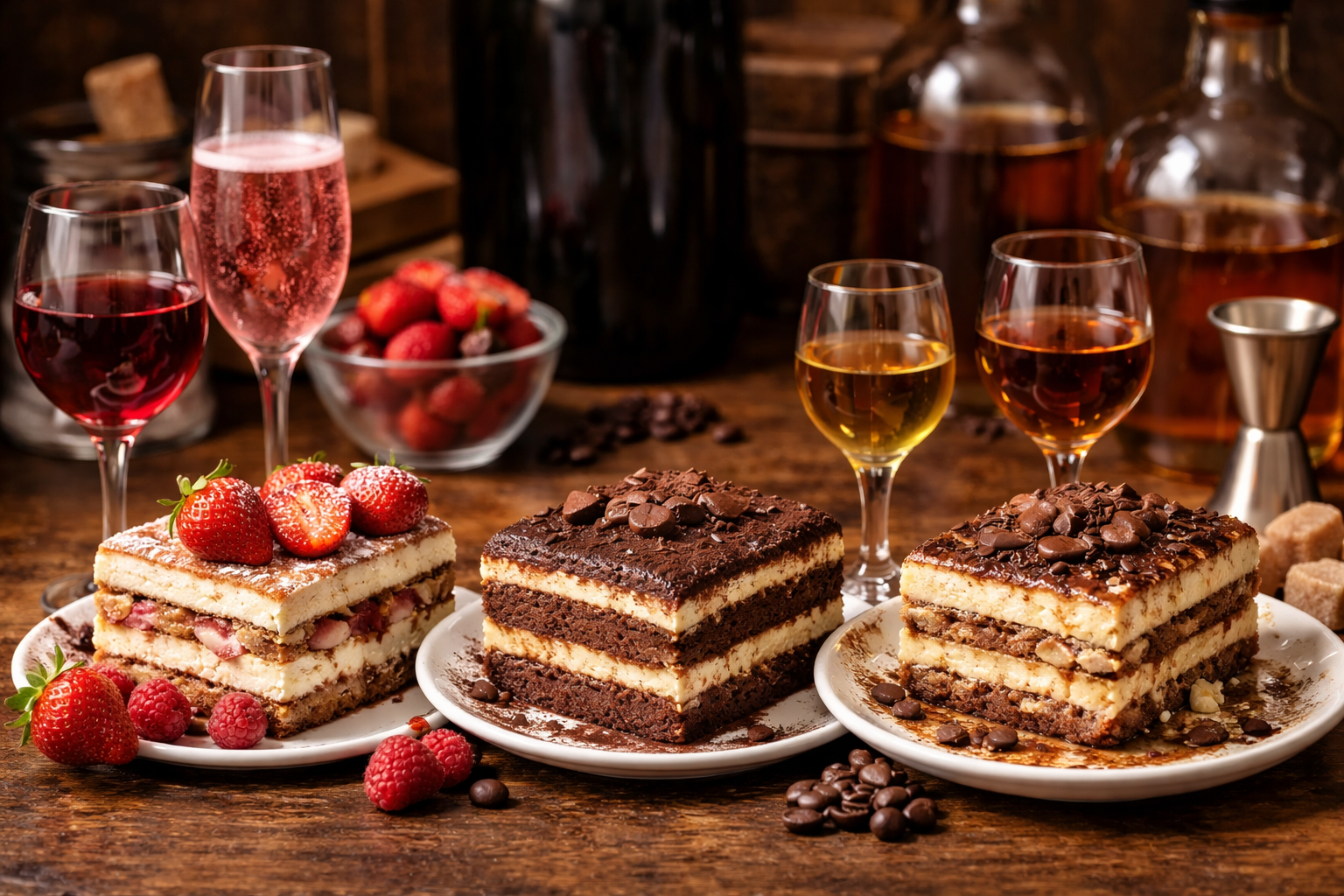 Berry, chocolate, and boozy tiramisu variations paired with different wines