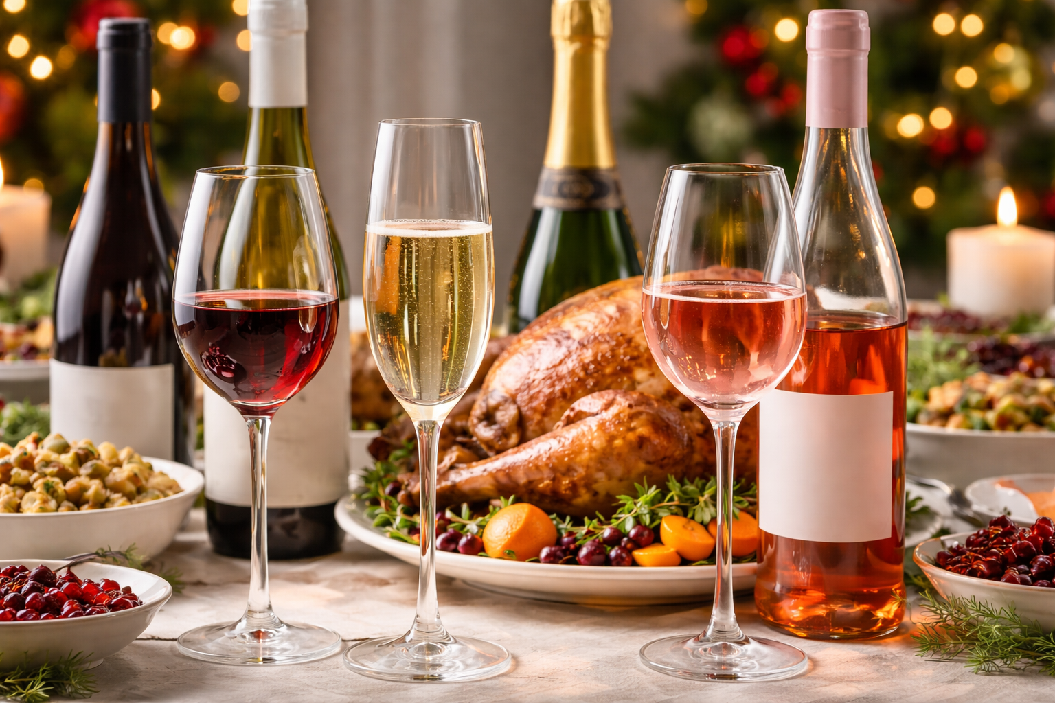 Red, white, sparkling, and rose wines set beside a Christmas turkey dinner