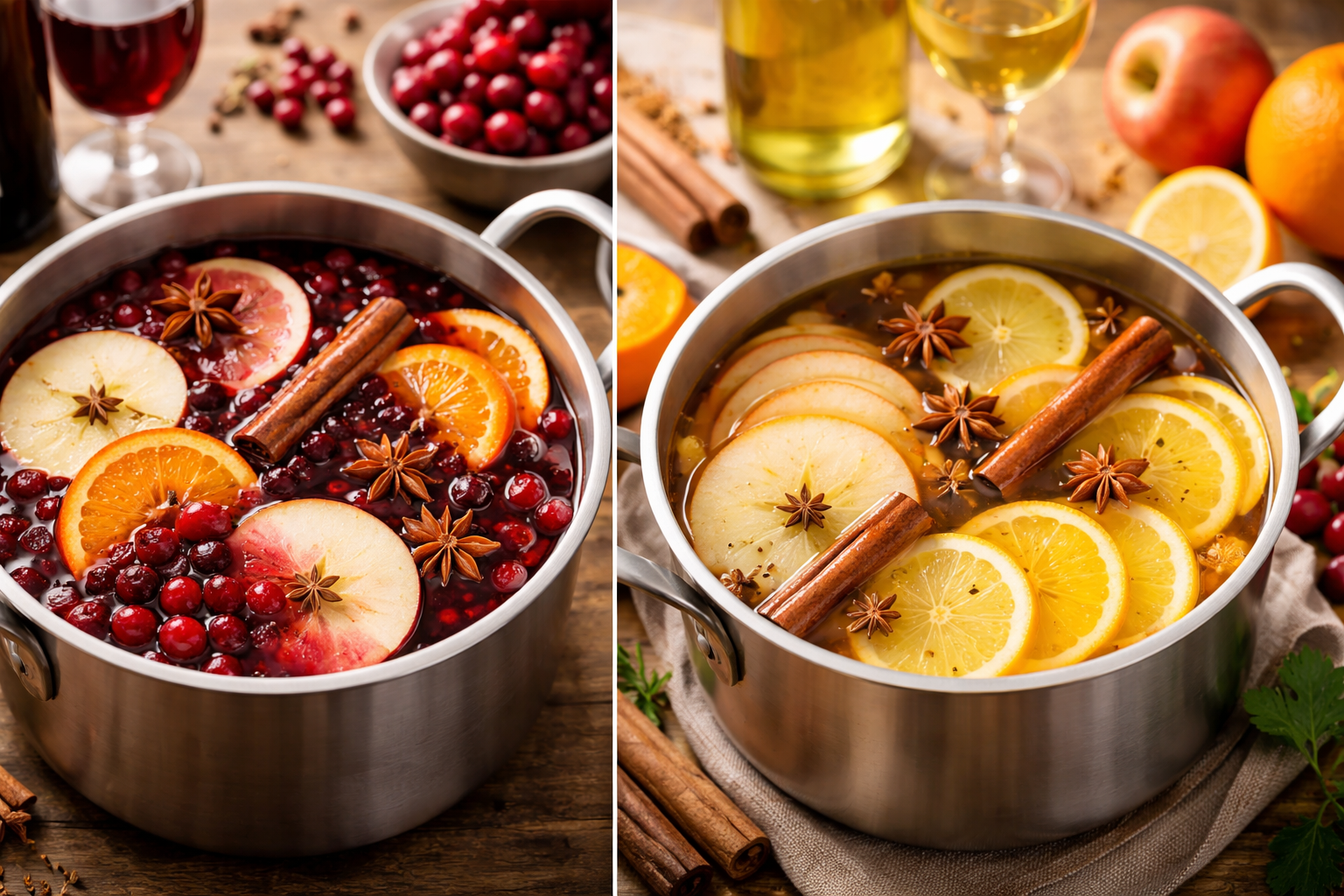 Side-by-side red and white wassail with apples, cranberries, citrus, and spices