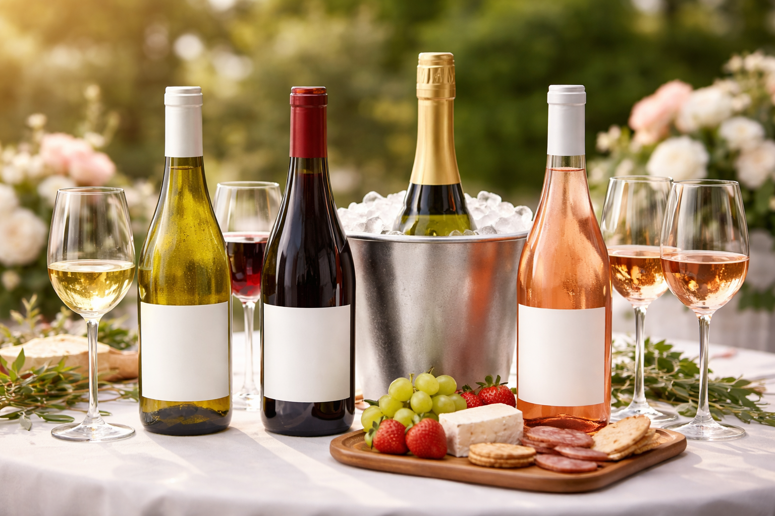Red, white, sparkling, and rosé wedding wines arranged side by side