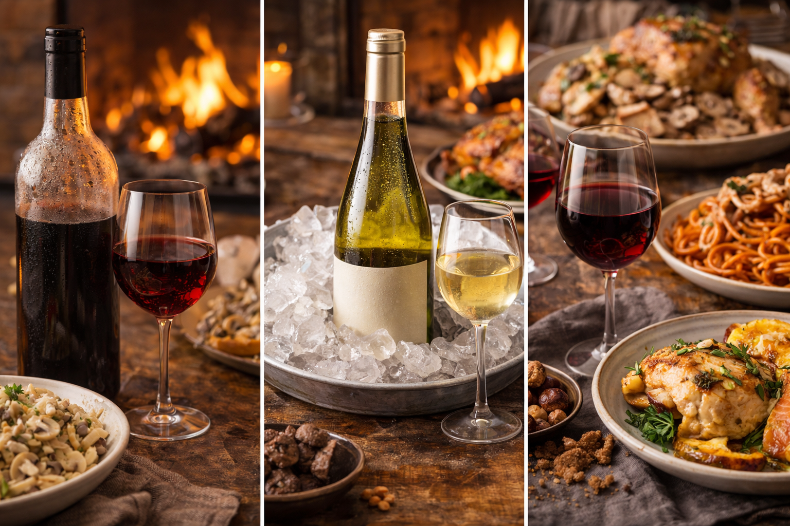 Winter wine mistakes showing red wine too warm, white wine too cold, and mismatched food pairings