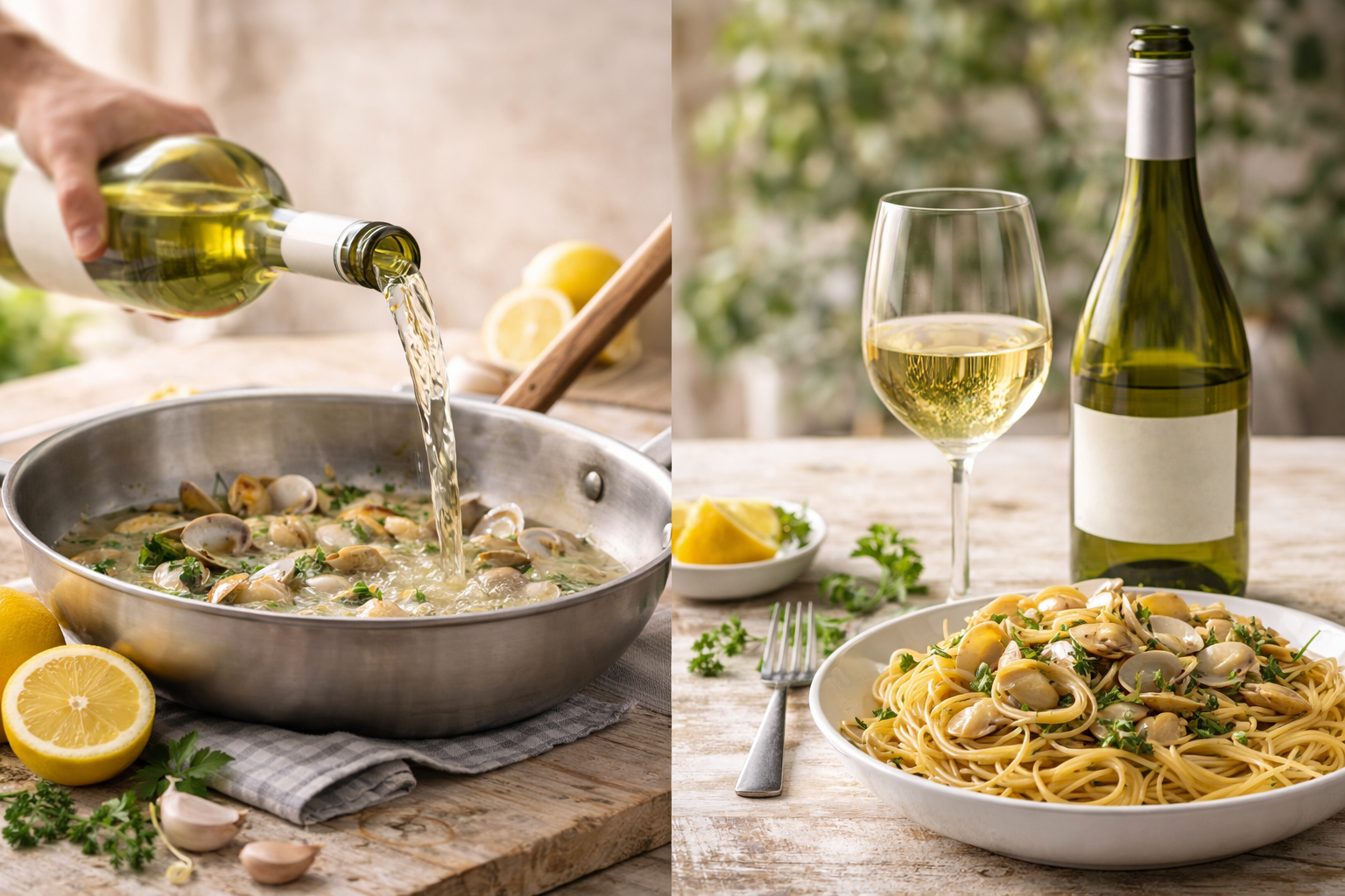 Best Wine for Vongole: 7 Smart Pairings and Easy Rules 4 Dry white wine being used in a pan of vongole with a separate glass of wine served at the table
