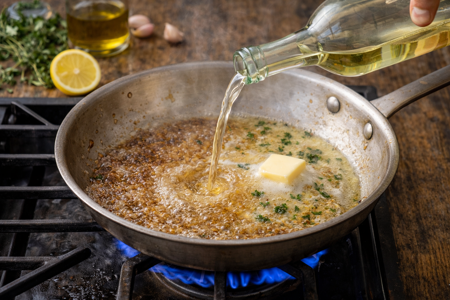 White wine sauce being deglazed, reduced, and finished with butter in a skillet
