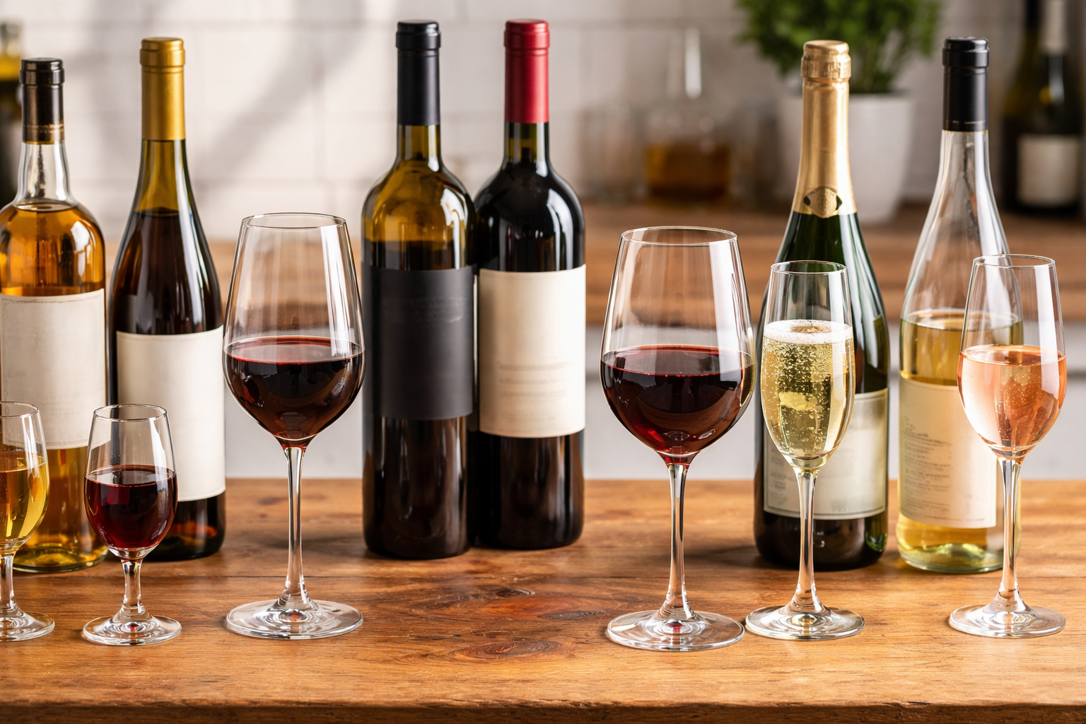 Side-by-side bottles and glasses of dessert, fortified, full-bodied red, and dry sparkling wines