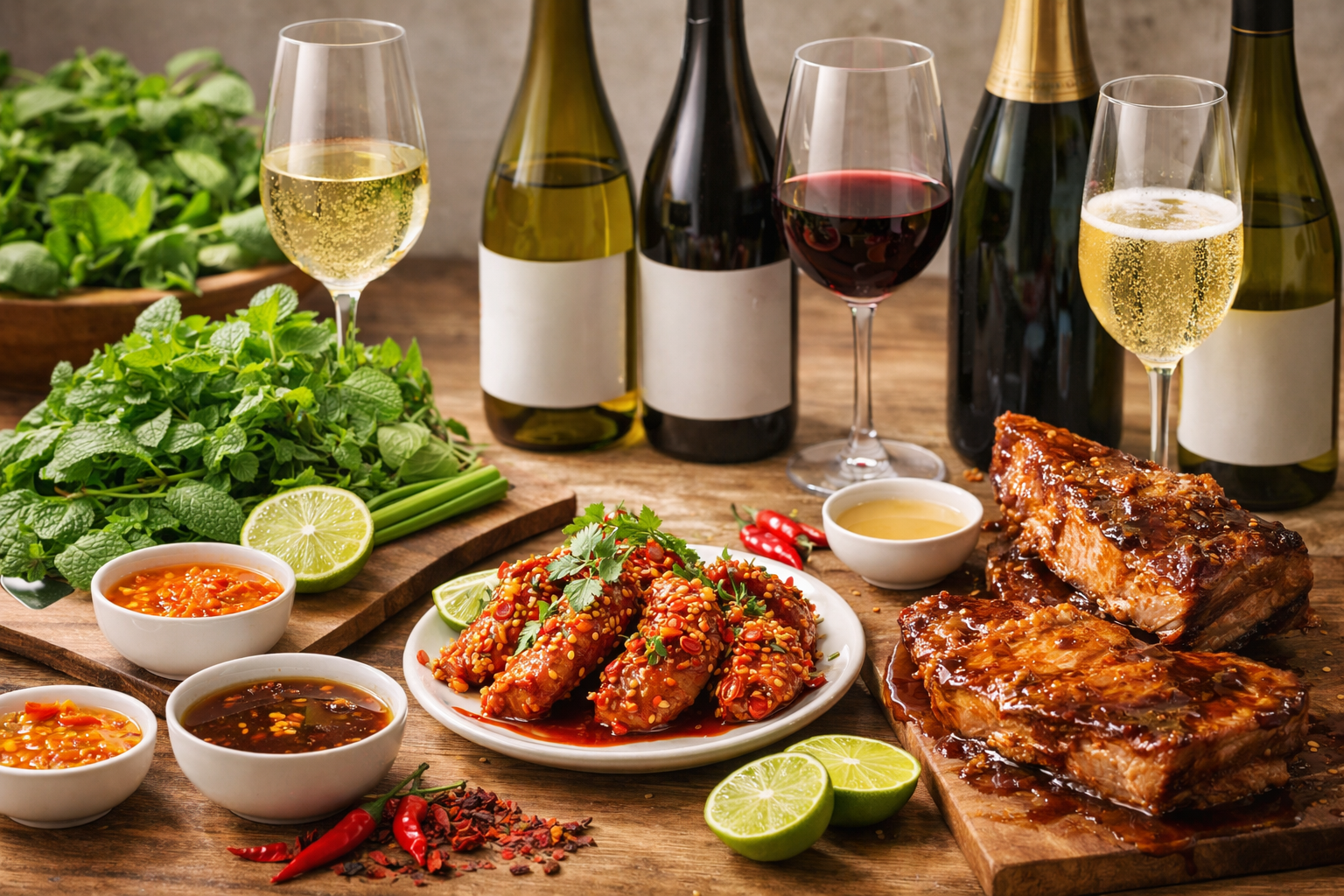 Best Wine for Vietnamese Food: 7 Smart Pairings That Work 3 Fish sauce, fresh herbs, chili, lime, and fried textures beside suitable wines