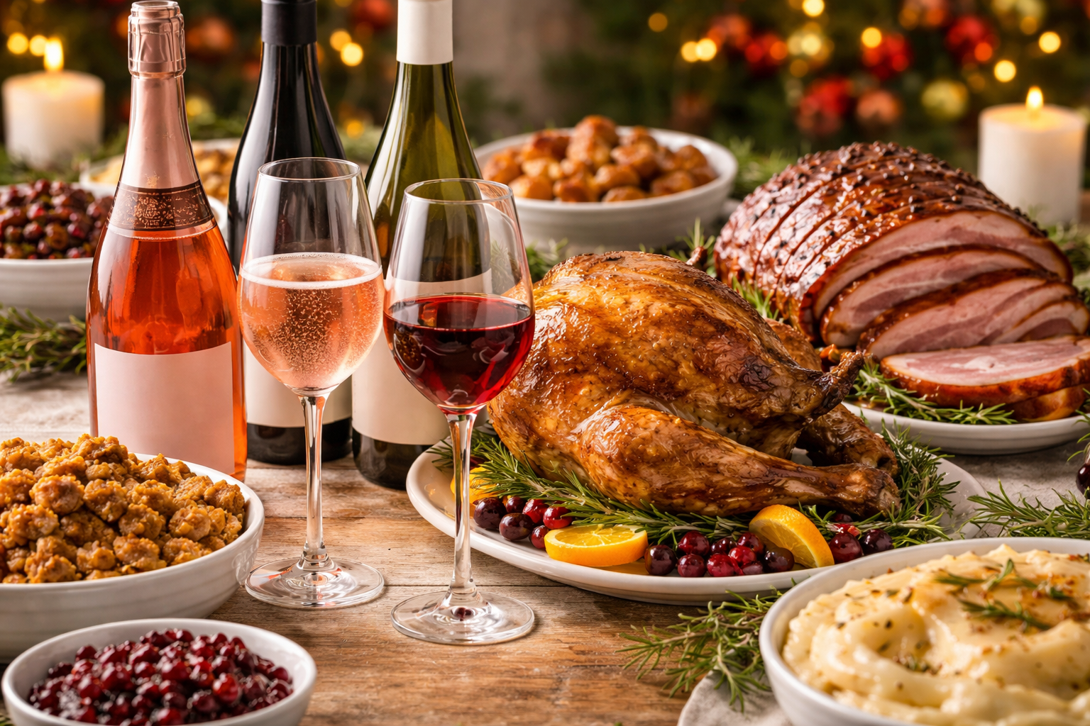 Christmas dinner variations with smoked turkey, ham, and spiced stuffing alongside matching wines