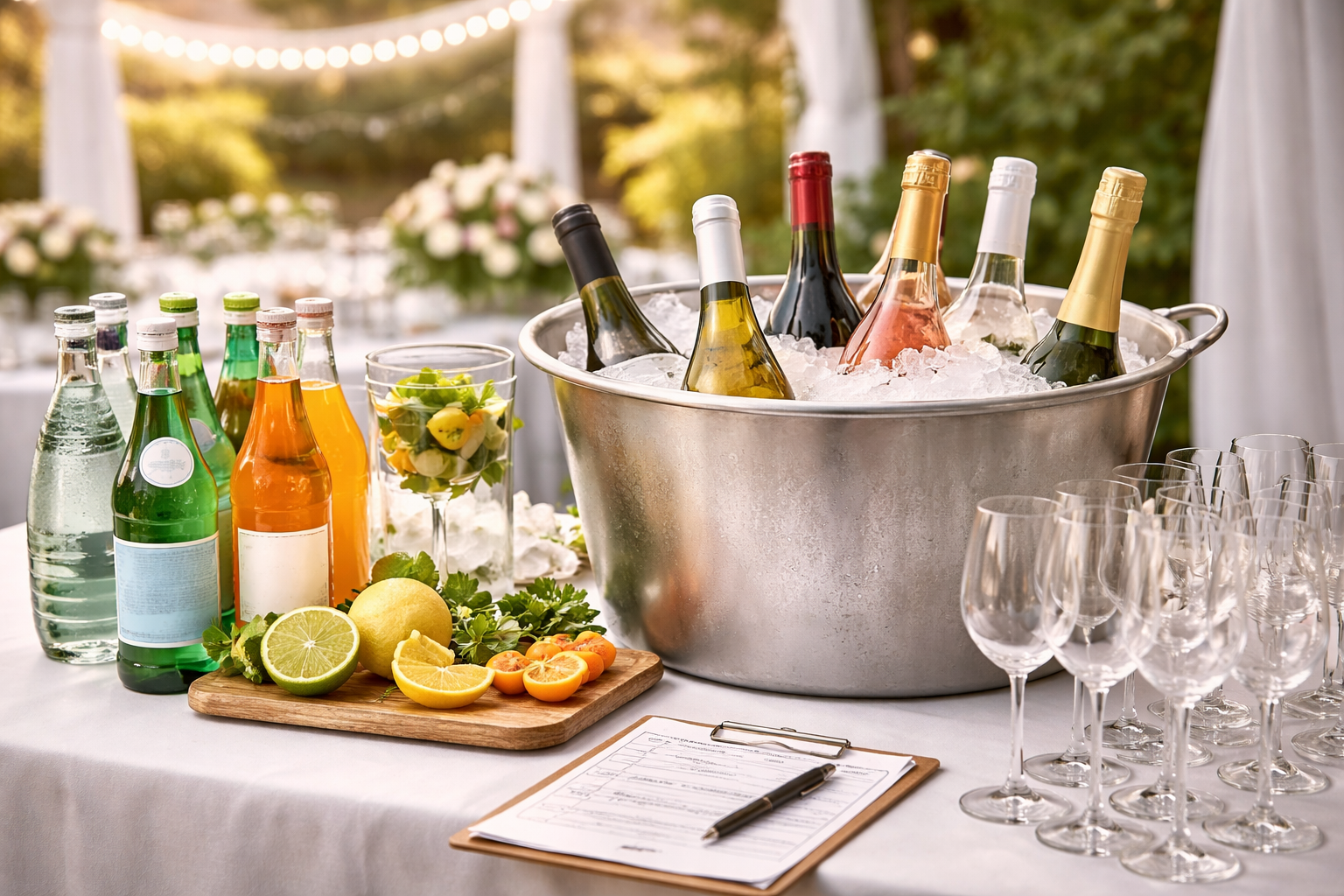 Wedding wine service station with chilled bottles, ice bucket, glasses, and non-alcoholic sparkling drinks
