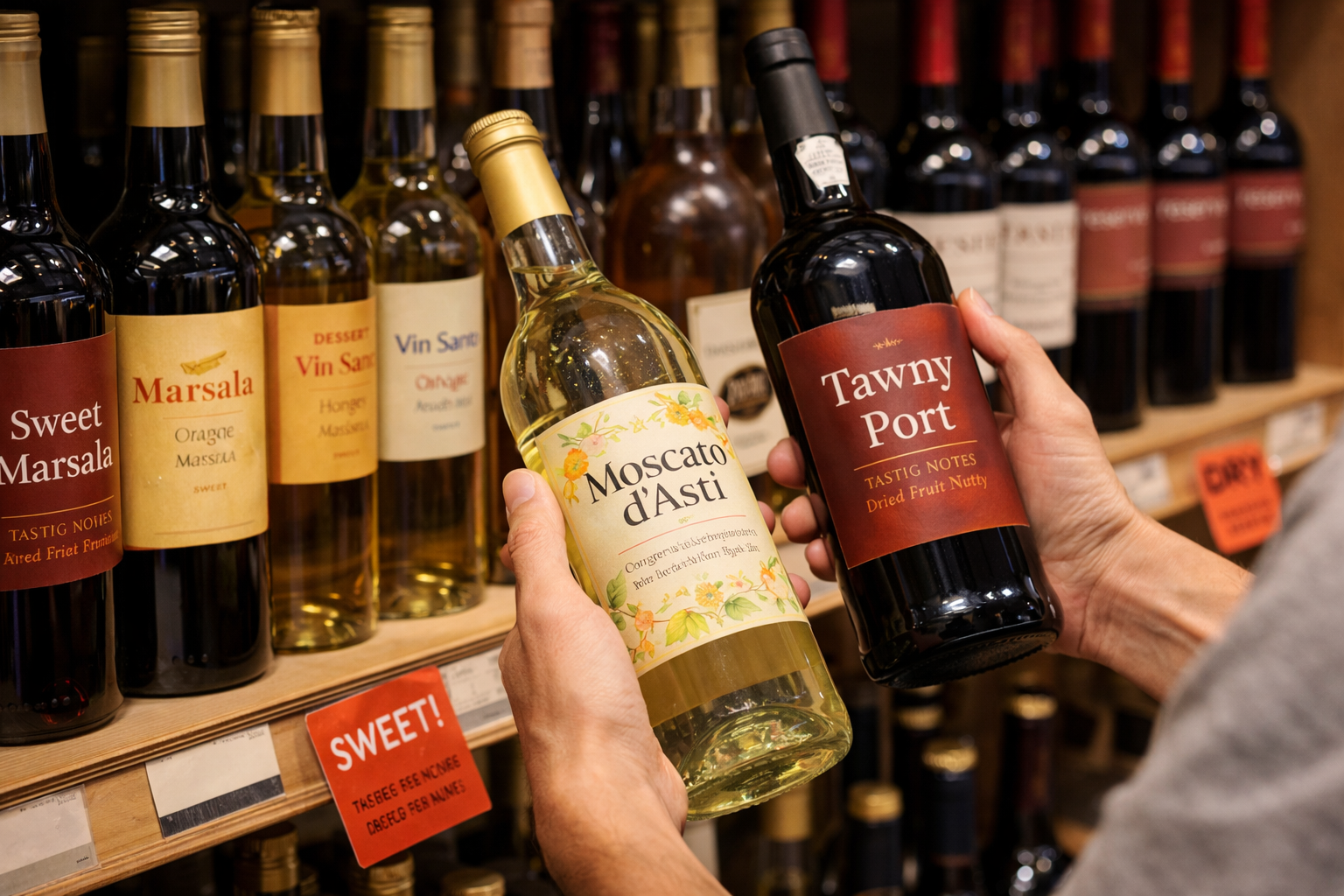 Dessert wine bottles with label cues for choosing a bottle for tiramisu