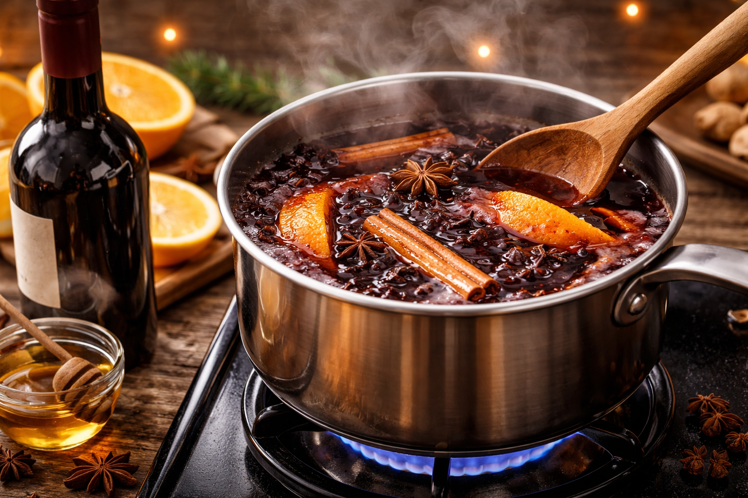 Best Wine for Vin Brule: 7 Smart Styles That Won’t Turn Bitter 4 Pot of vin brule gently steaming on low heat with spices and citrus, not boiling