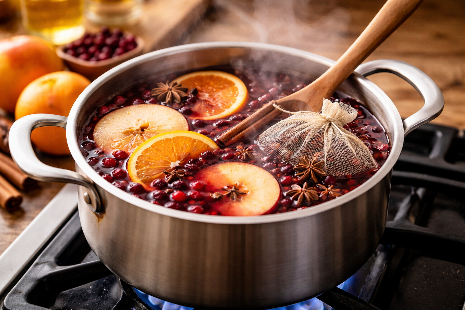 Wassail gently warming in a pot with citrus, cinnamon, cloves, and a ladle