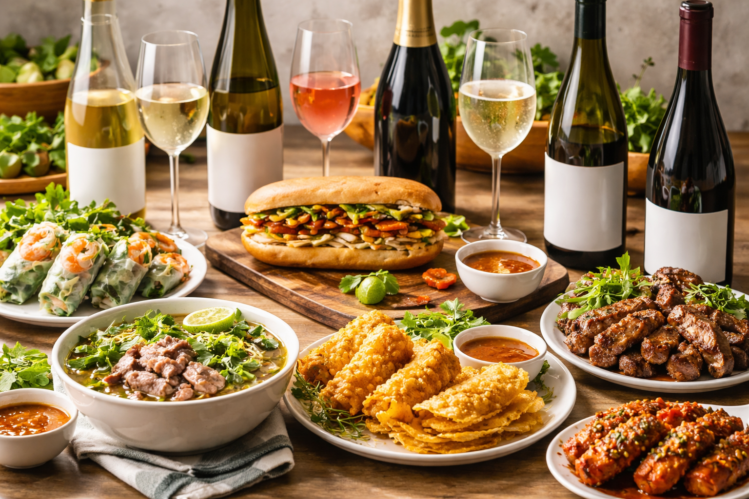 Best Wine for Vietnamese Food: 7 Smart Pairings That Work 2 Classic Vietnamese dishes like pho, banh mi, spring rolls, and banh xeo paired with wine