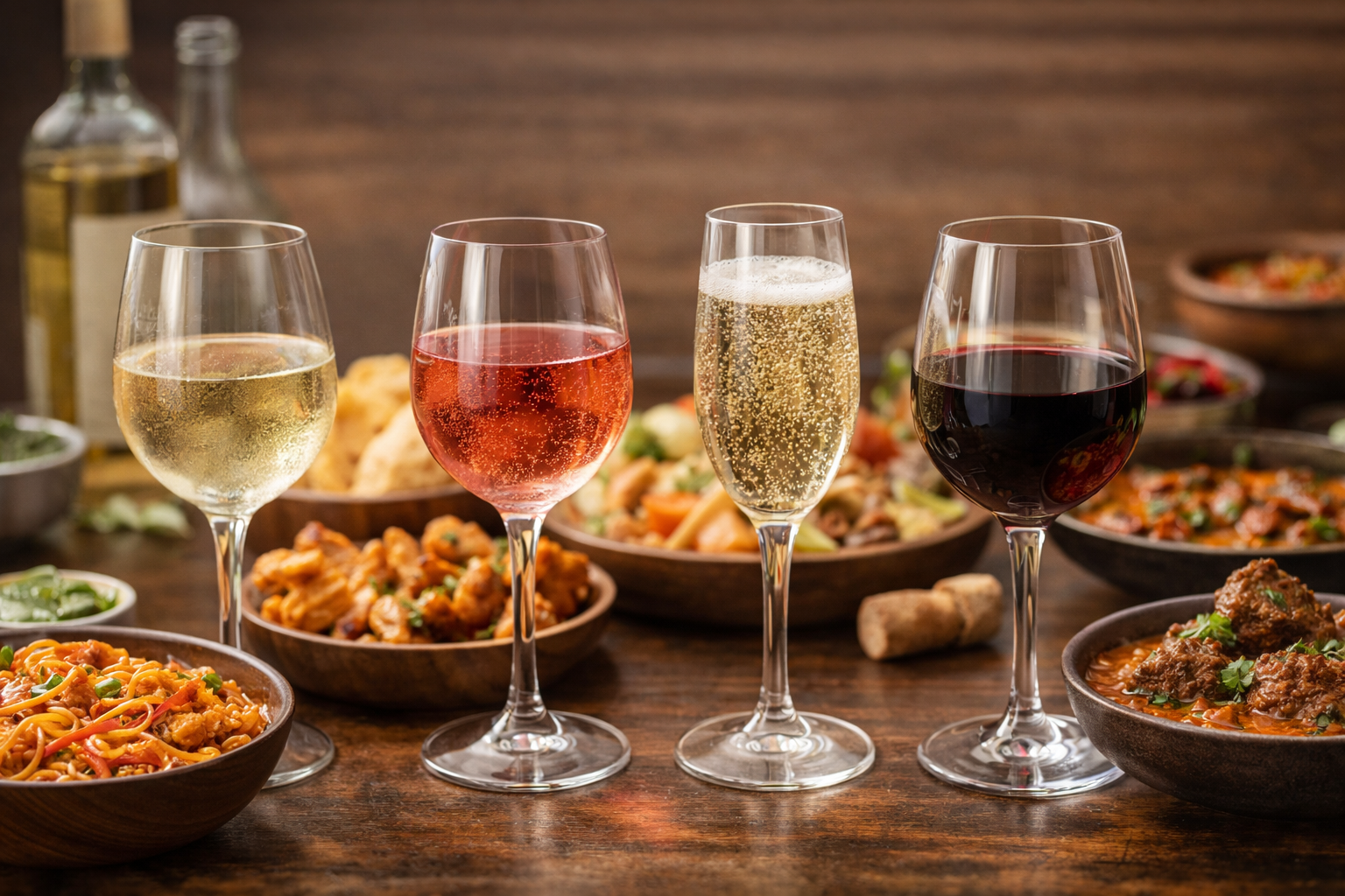 Different wines paired with Indian snacks, spicy food, brunch dishes, and dinner plates