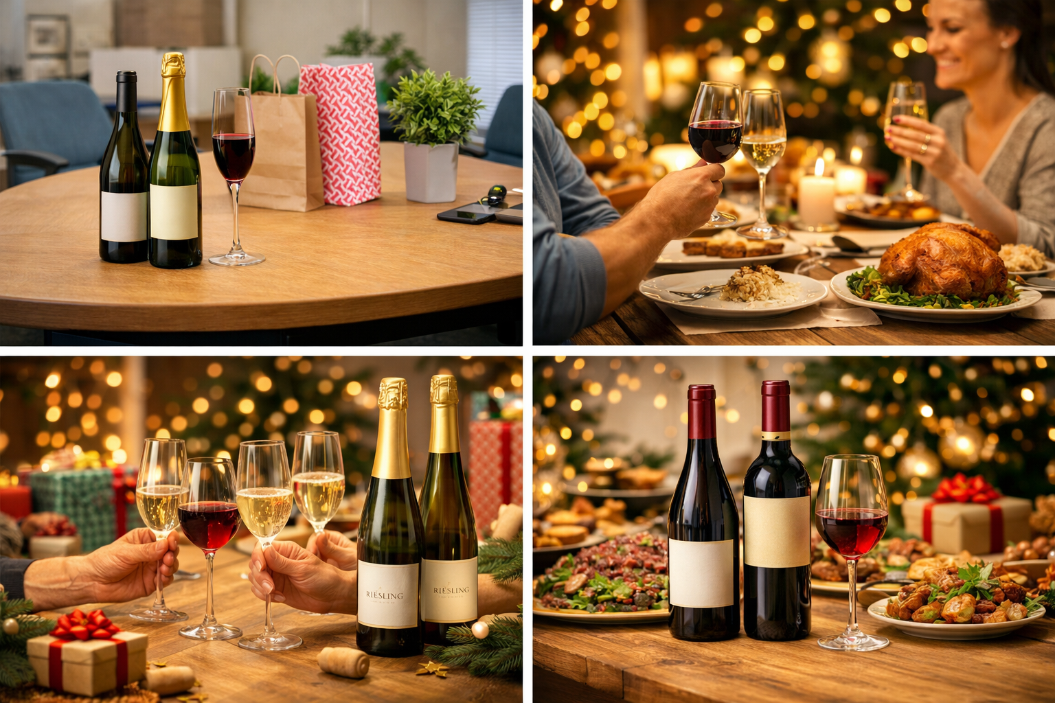 Collage showing wine choices for office family friends and food-heavy white elephant gift exchanges