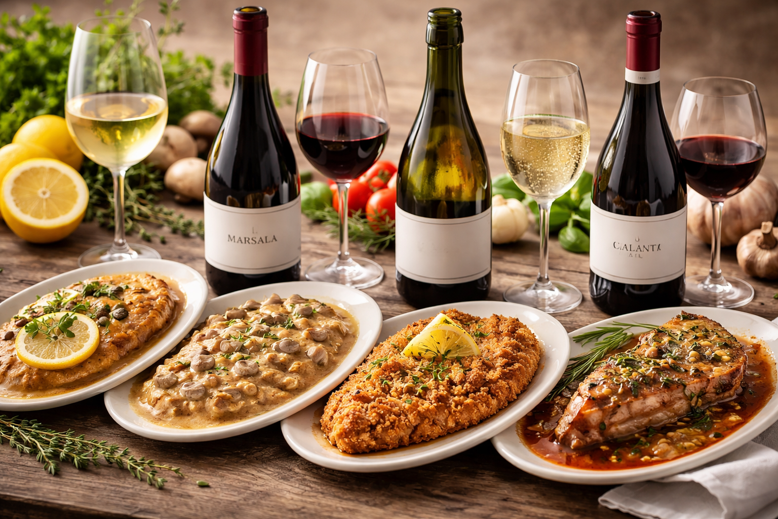 Dish-by-dish veal pairing image with piccata, Marsala, Milanese, veal chops, parmesan, and osso buco