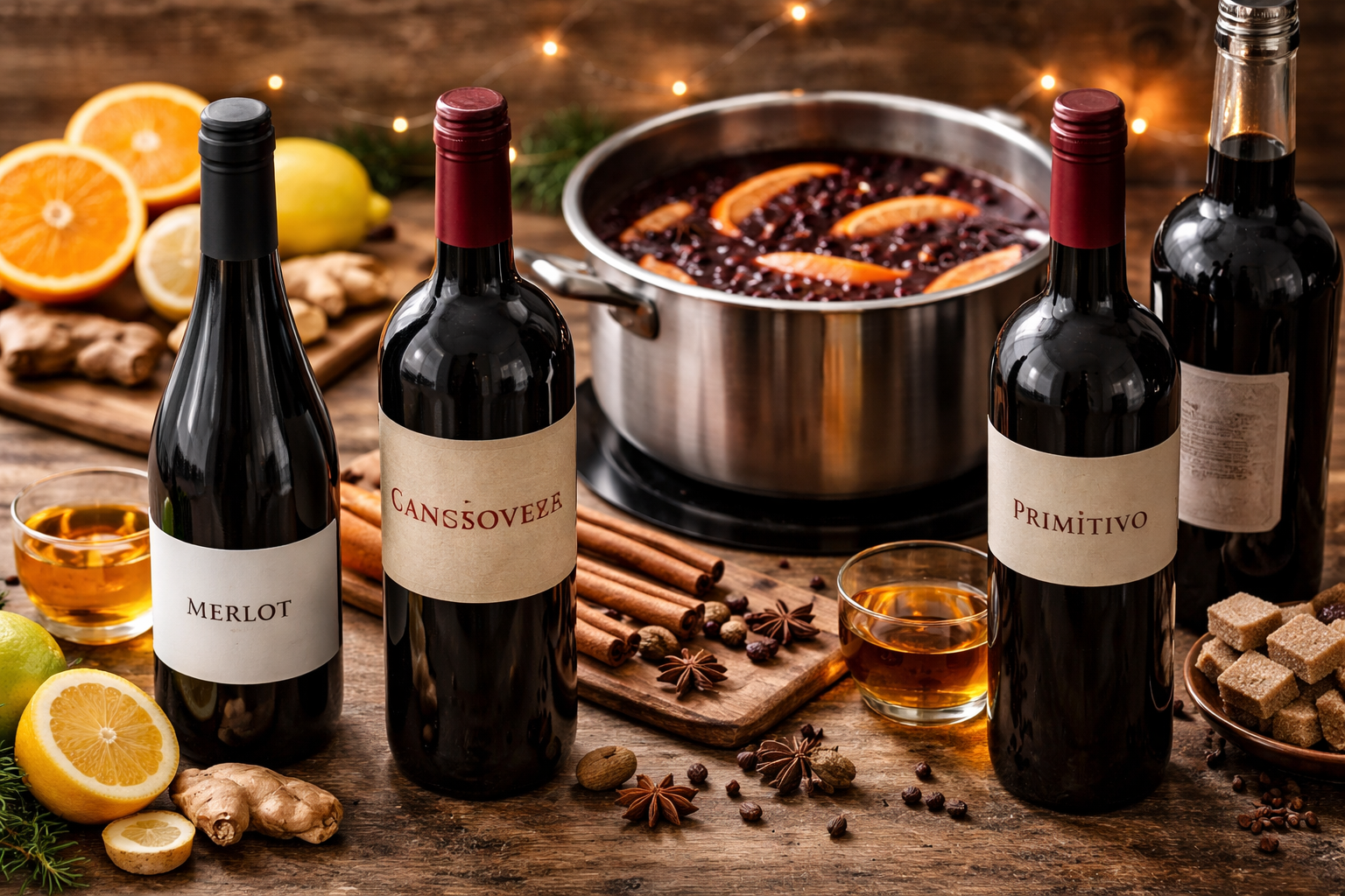Best Wine for Vin Brule: 7 Smart Styles That Won’t Turn Bitter 3 Vin brule setup with red wine, spices, citrus, sweetener, and a small one-cup test sample beside the main pot