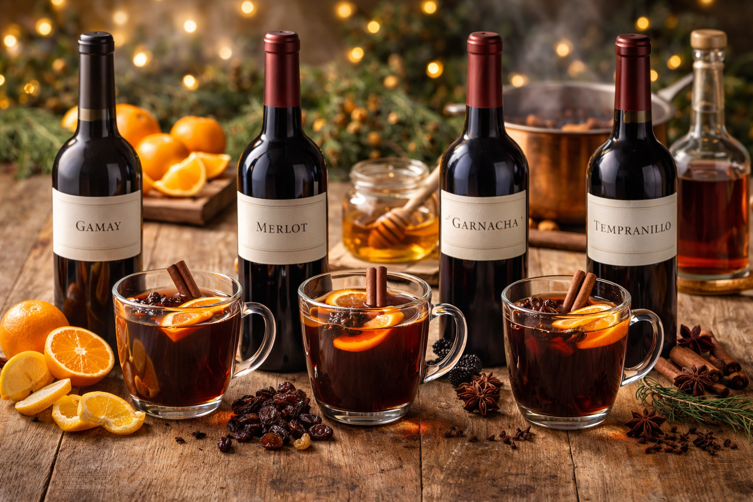 Best Wine for Vin Chaud: 7 Smooth Picks That Won’t Turn Bitter 3 Vin chaud ingredients like orange peel, spices, honey, and brandy arranged beside different wine bottles for recipe matching