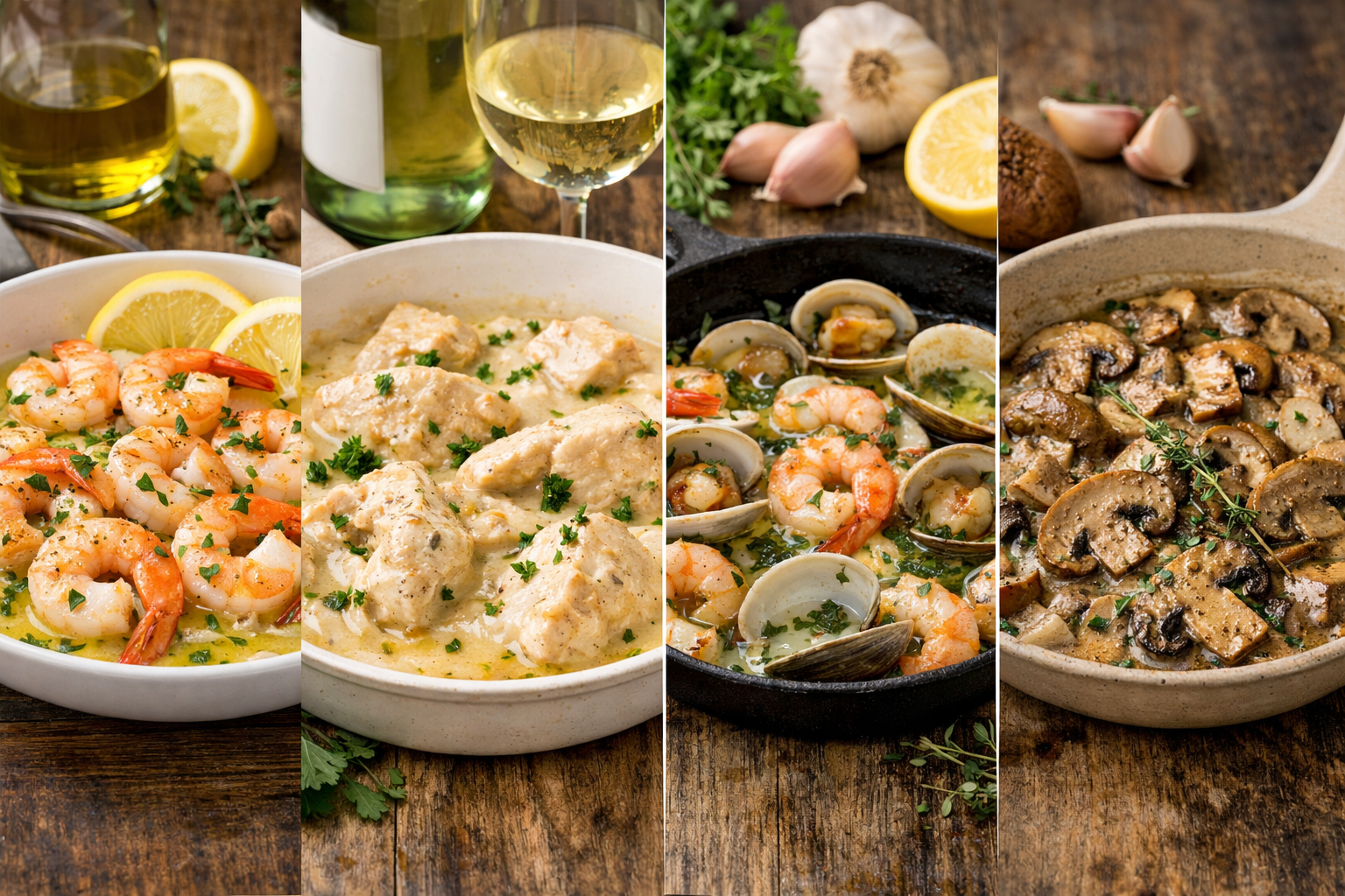 Comparison of light lemony seafood sauce, creamy chicken sauce, and mushroom white wine sauce