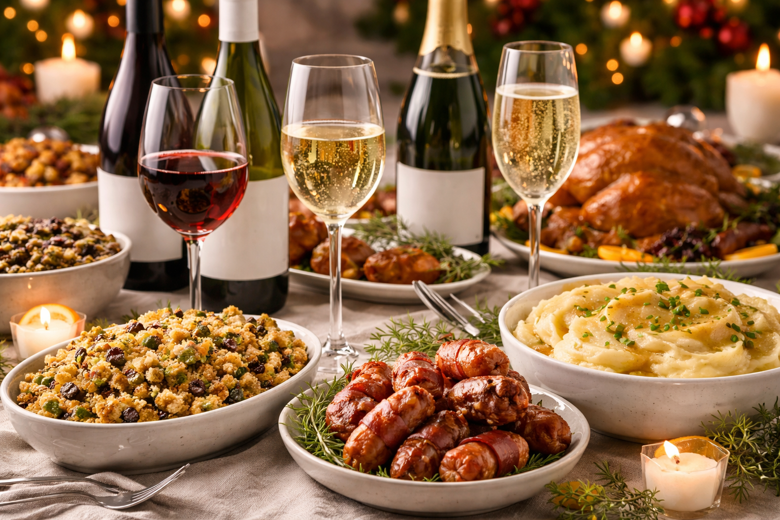 Christmas side dishes like cranberry sauce, stuffing, gravy, and roast vegetables paired with wine glasses