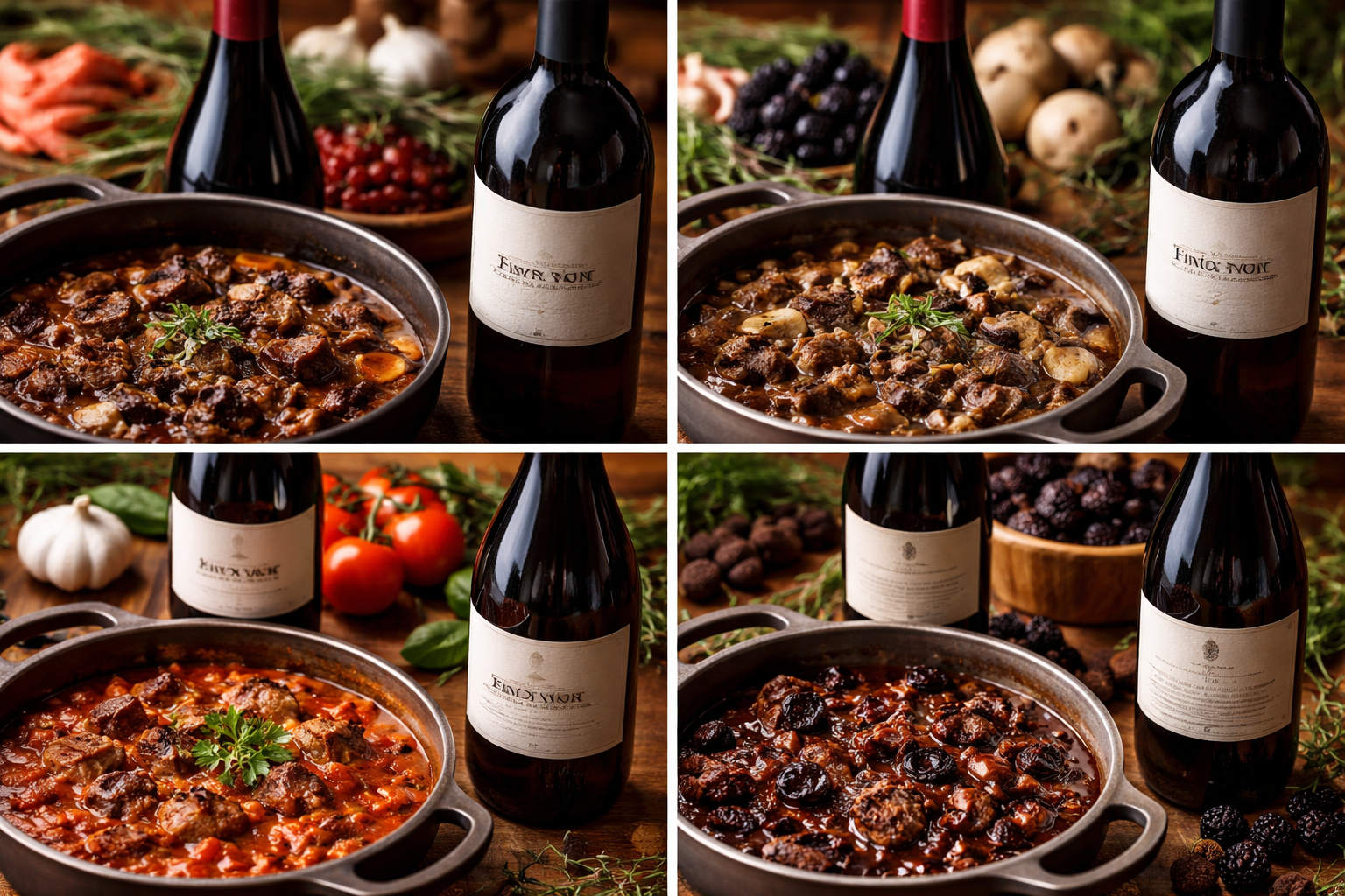 Different styles of venison stew including classic dark, mushroom-herb, tomato-led, and sweet-savory