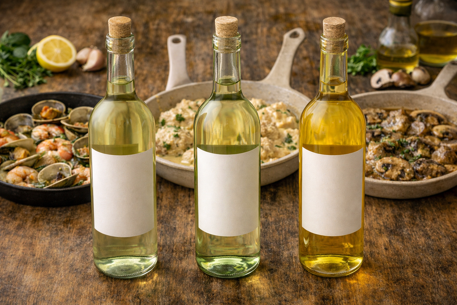 Pinot Grigio, Sauvignon Blanc, and Chardonnay shown side by side for white wine sauce comparison