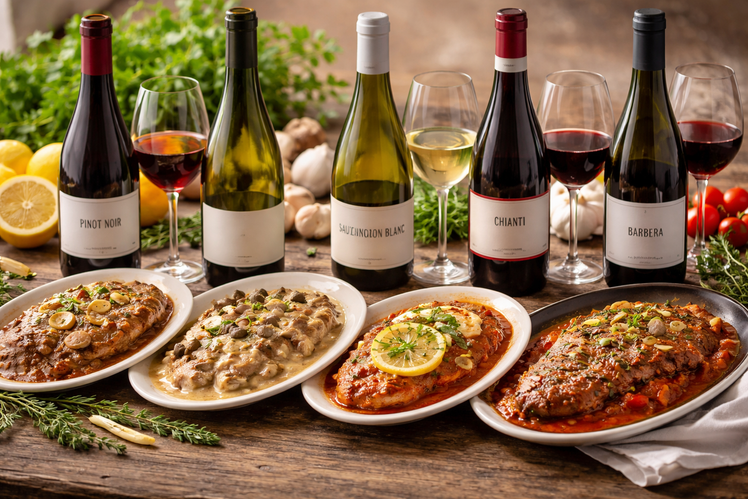 Five wine styles for veal displayed with labels and matching dish cues