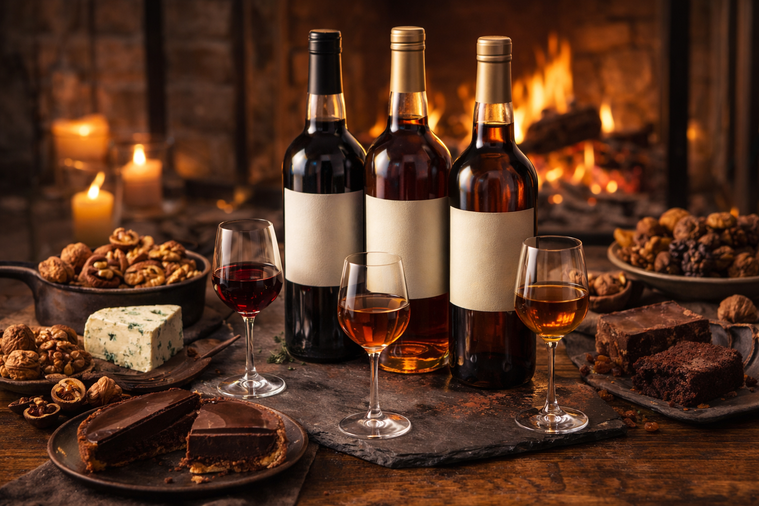 Port, Sherry, and Madeira served with blue cheese, nuts, and chocolate dessert