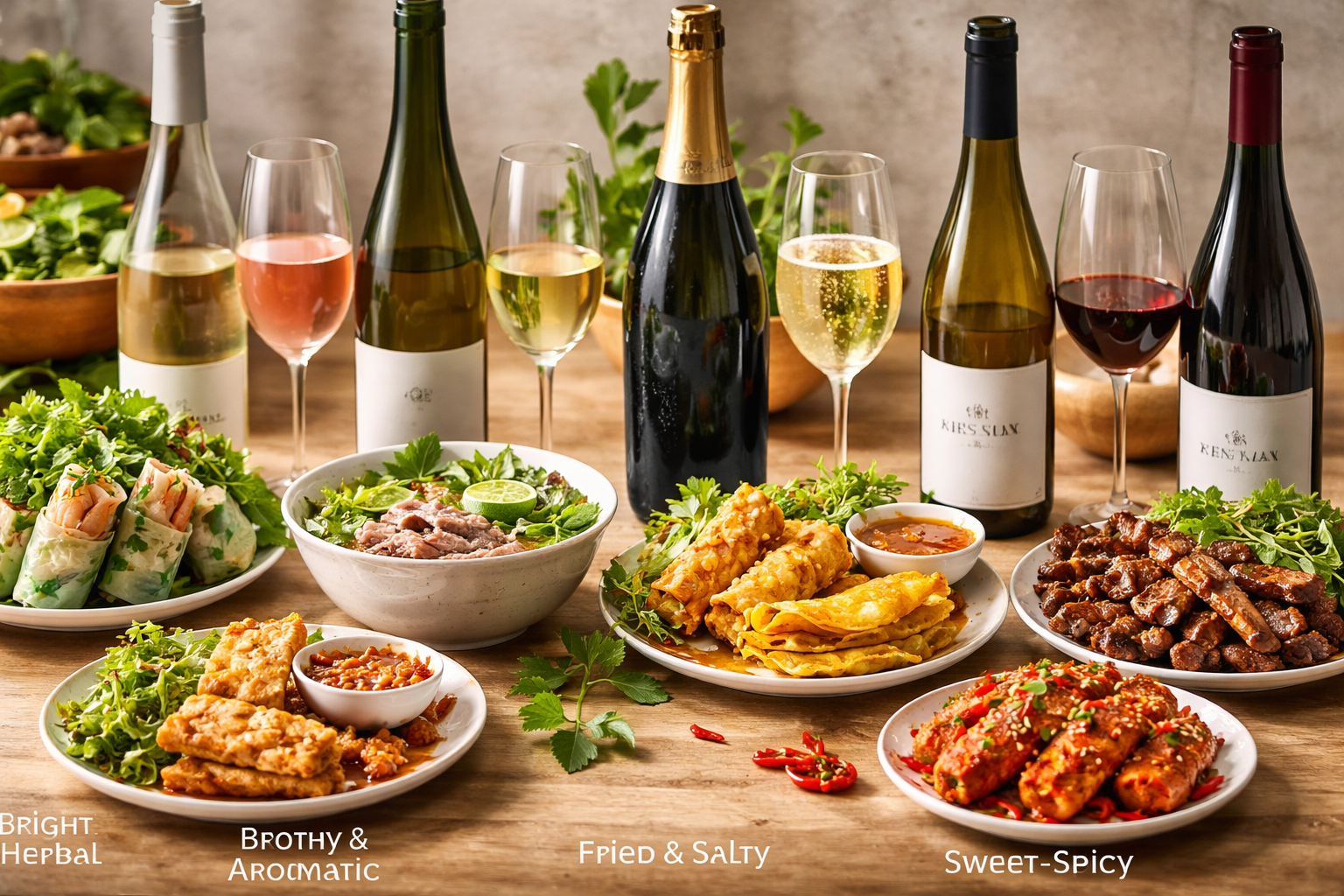 Best Wine for Vietnamese Food: 7 Smart Pairings That Work 1 Vietnamese dish categories with matching wine styles shown side by side
