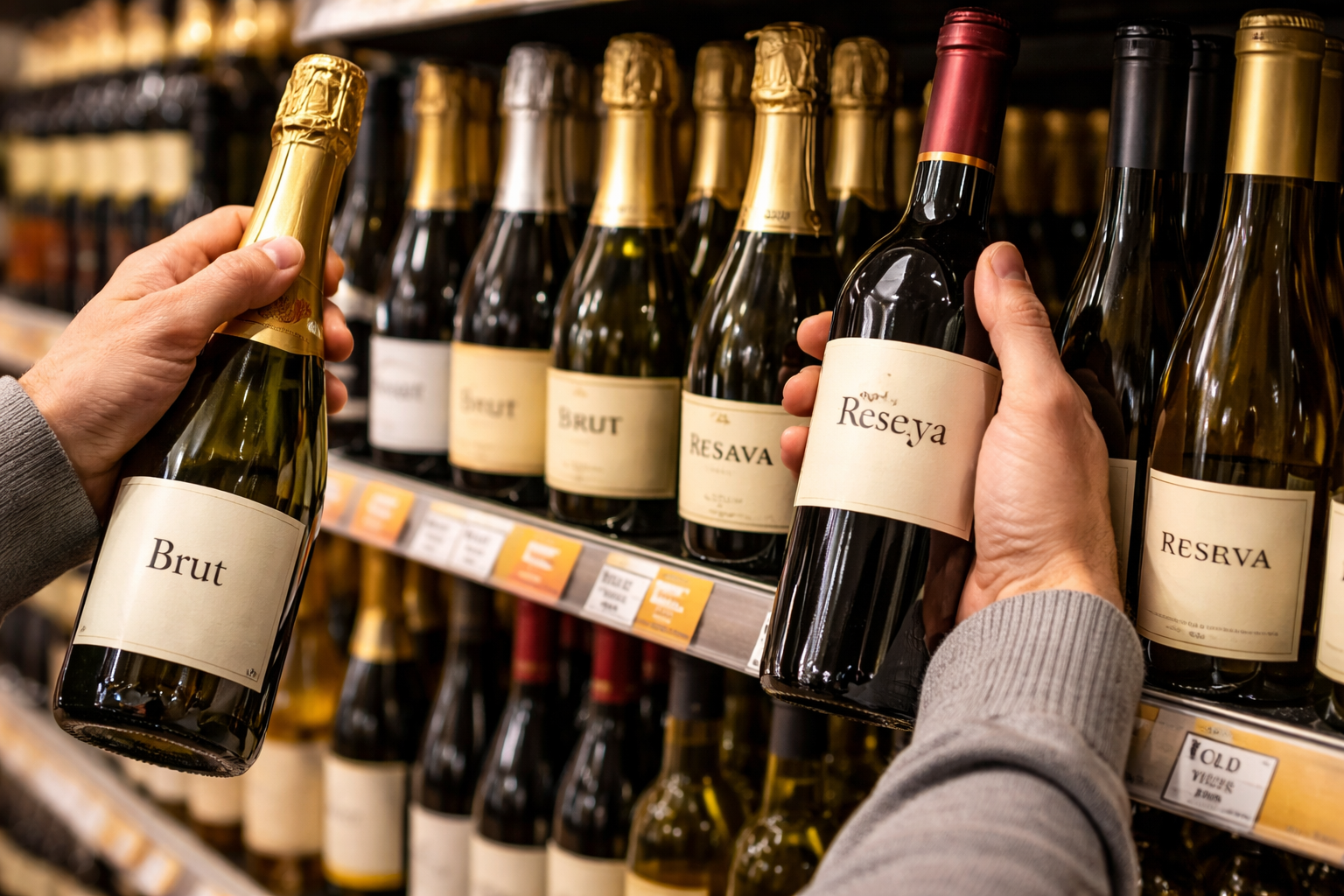 Close-up wine labels highlighting Brut Extra Dry NV Reserva and Trocken for gift shopping