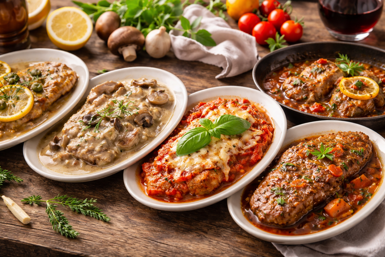 Veal served with lemon-caper, cream-mushroom, tomato, and braised sauces side by side