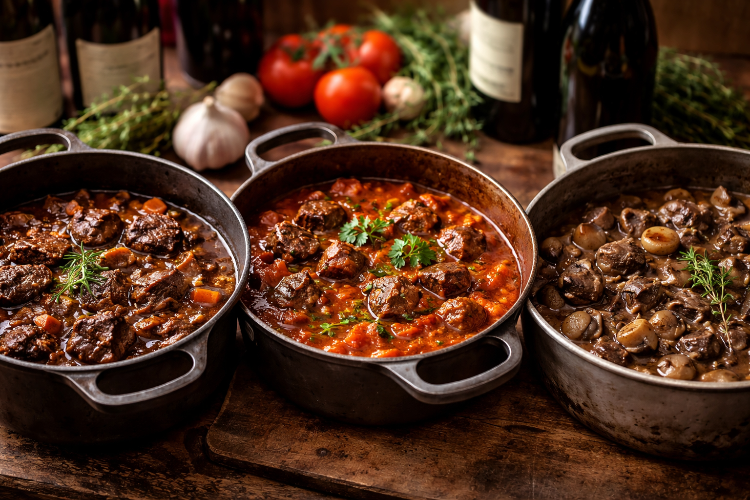 Comparison of dark reduced venison stew, tomato-led stew, and mushroom-heavy stew