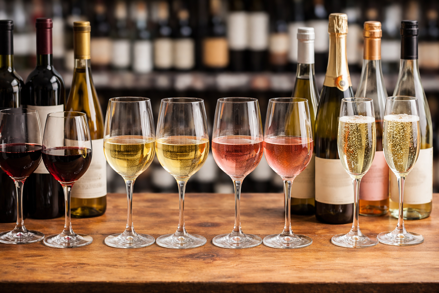 Four glasses of red, white, rosé, and sparkling wine arranged for comparison