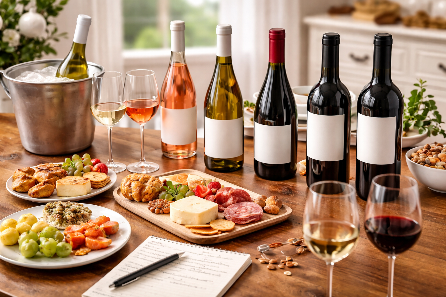 Home wedding wine tasting setup with labeled glasses, bottles, and tasting notes