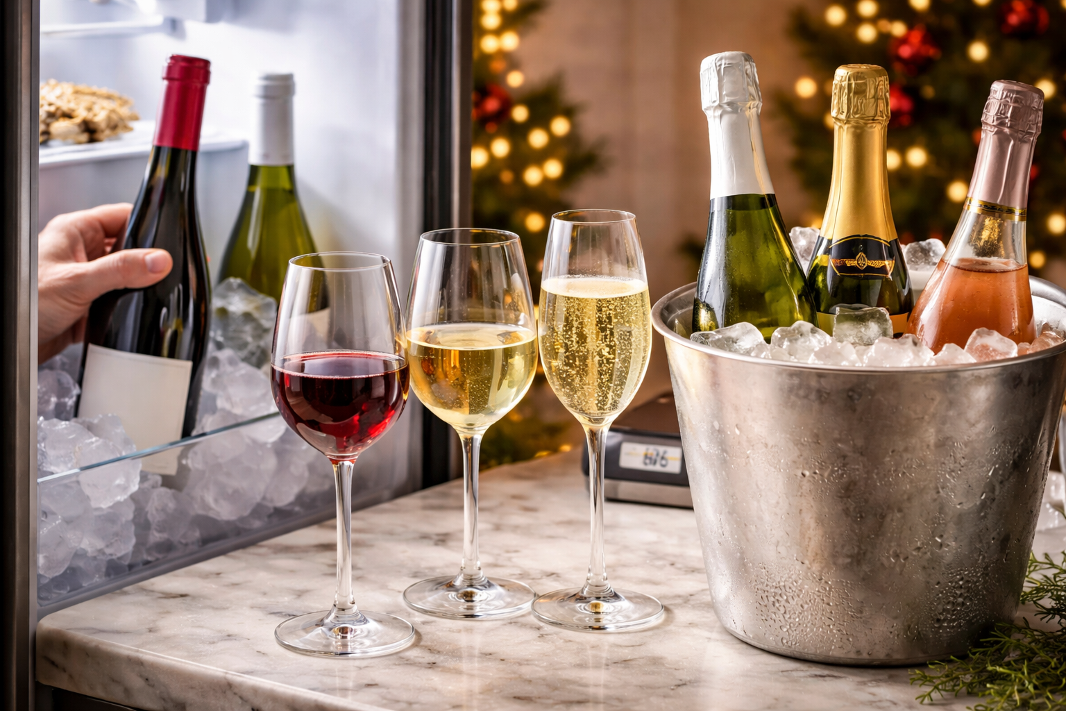 Red, white, and sparkling wine served at different temperatures beside a holiday meal