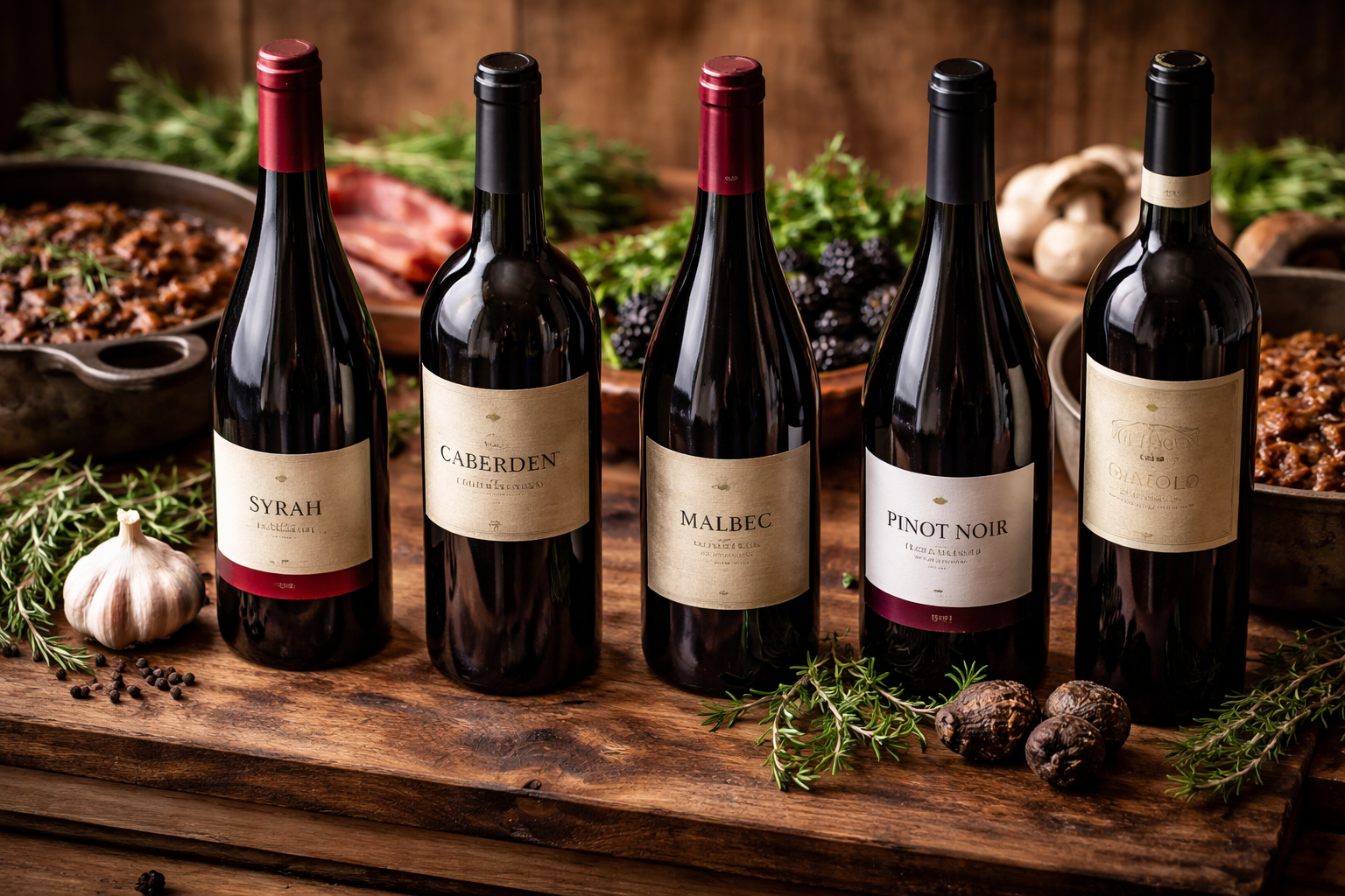 Visual comparison of Syrah, Cabernet, Malbec, Barolo, and Pinot Noir for venison stew