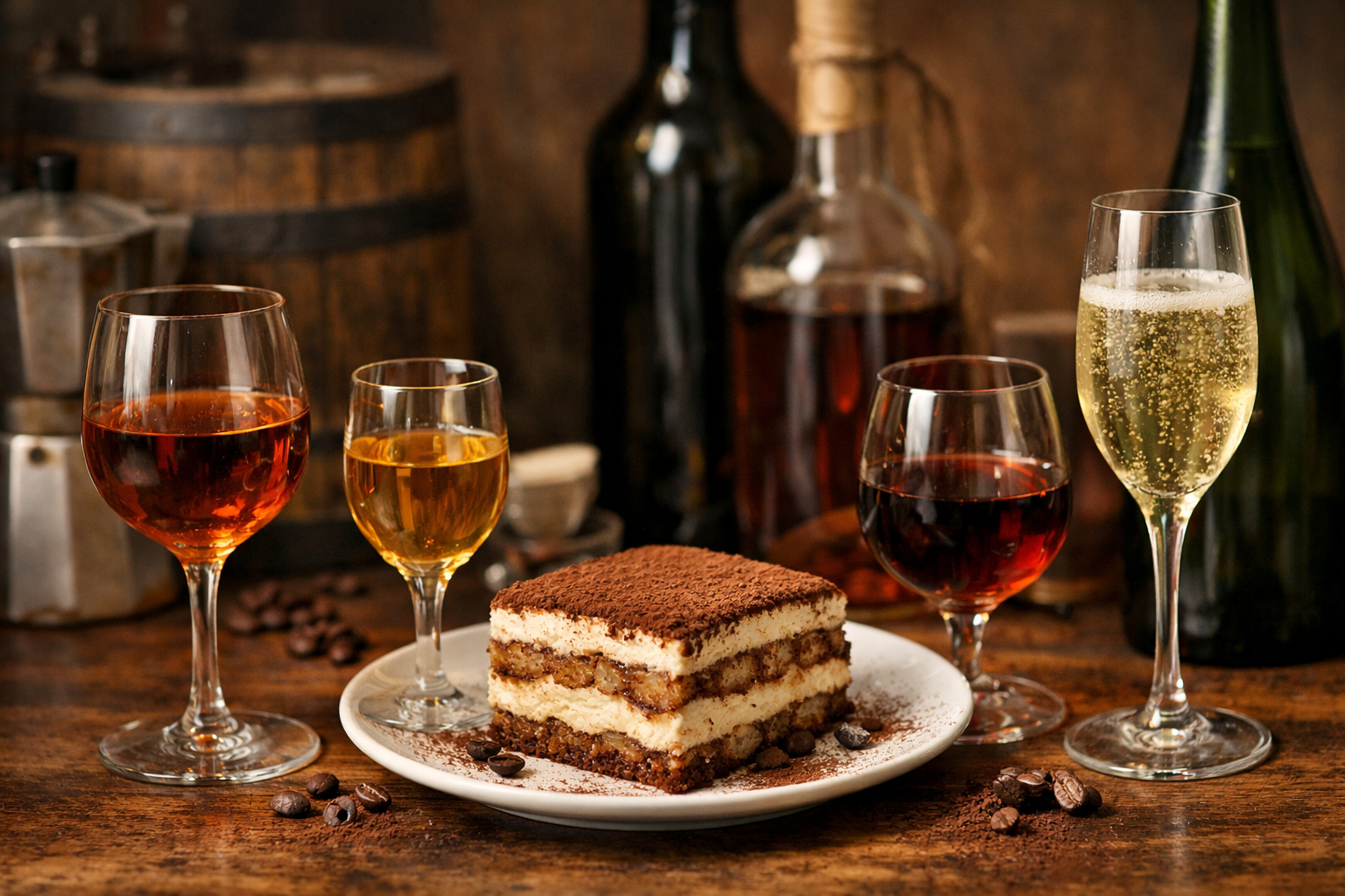 Four wine styles for classic tiramisu shown side by side with a slice of tiramisu