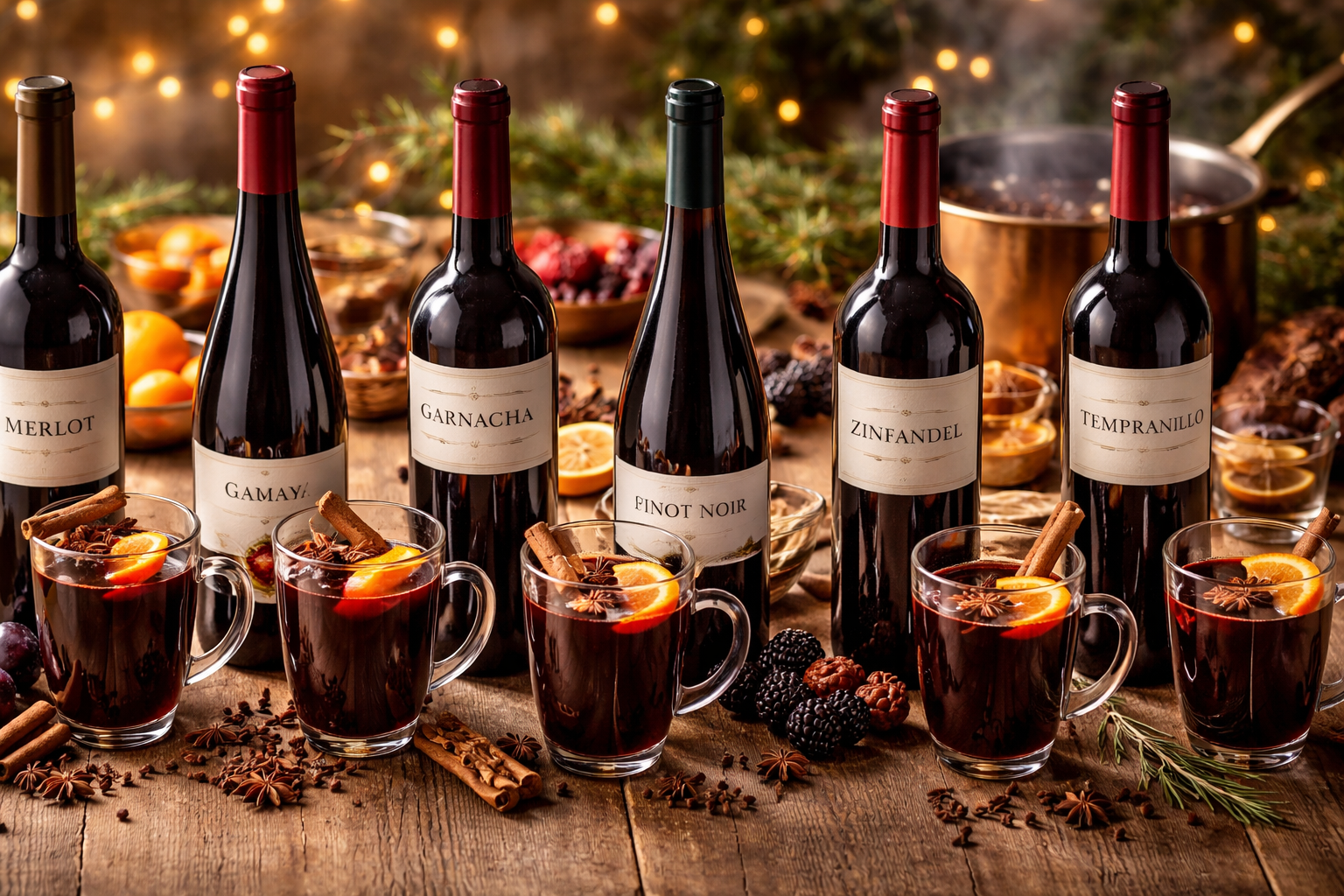 Best Wine for Vin Chaud: 7 Smooth Picks That Won’t Turn Bitter 1 Comparison of red wine styles for vin chaud with bottles or glasses representing Merlot, Gamay, Grenache, Pinot Noir, Zinfandel, and Tempranillo