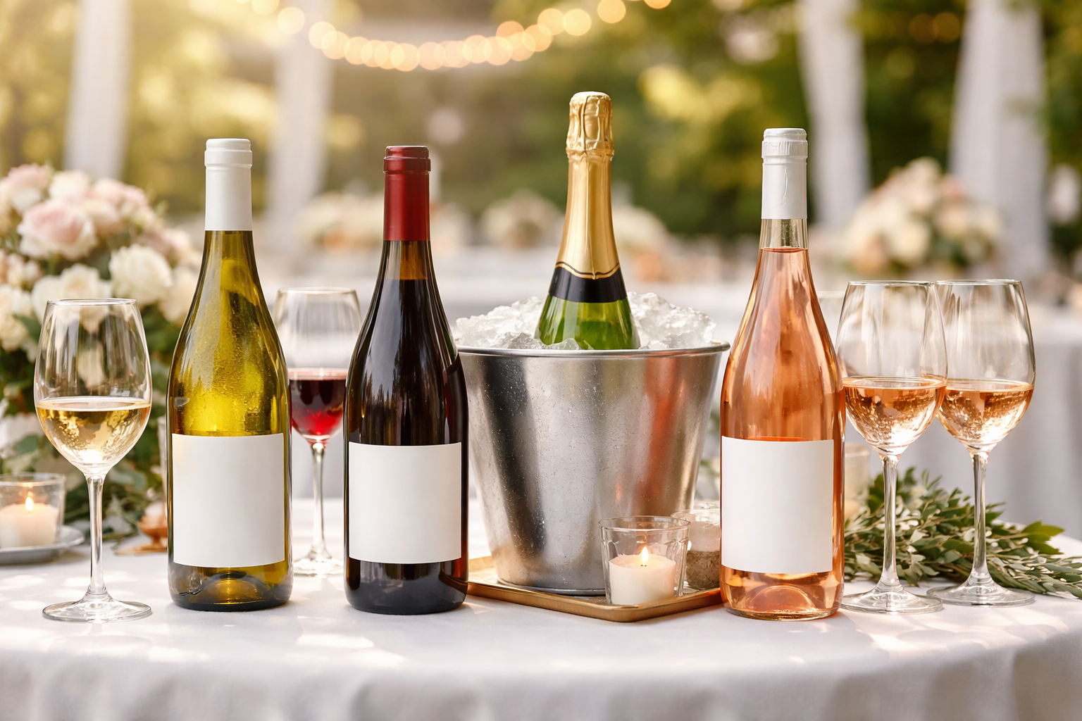 Wedding wine lineup with red, white, sparkling, and rosé bottles on a reception table