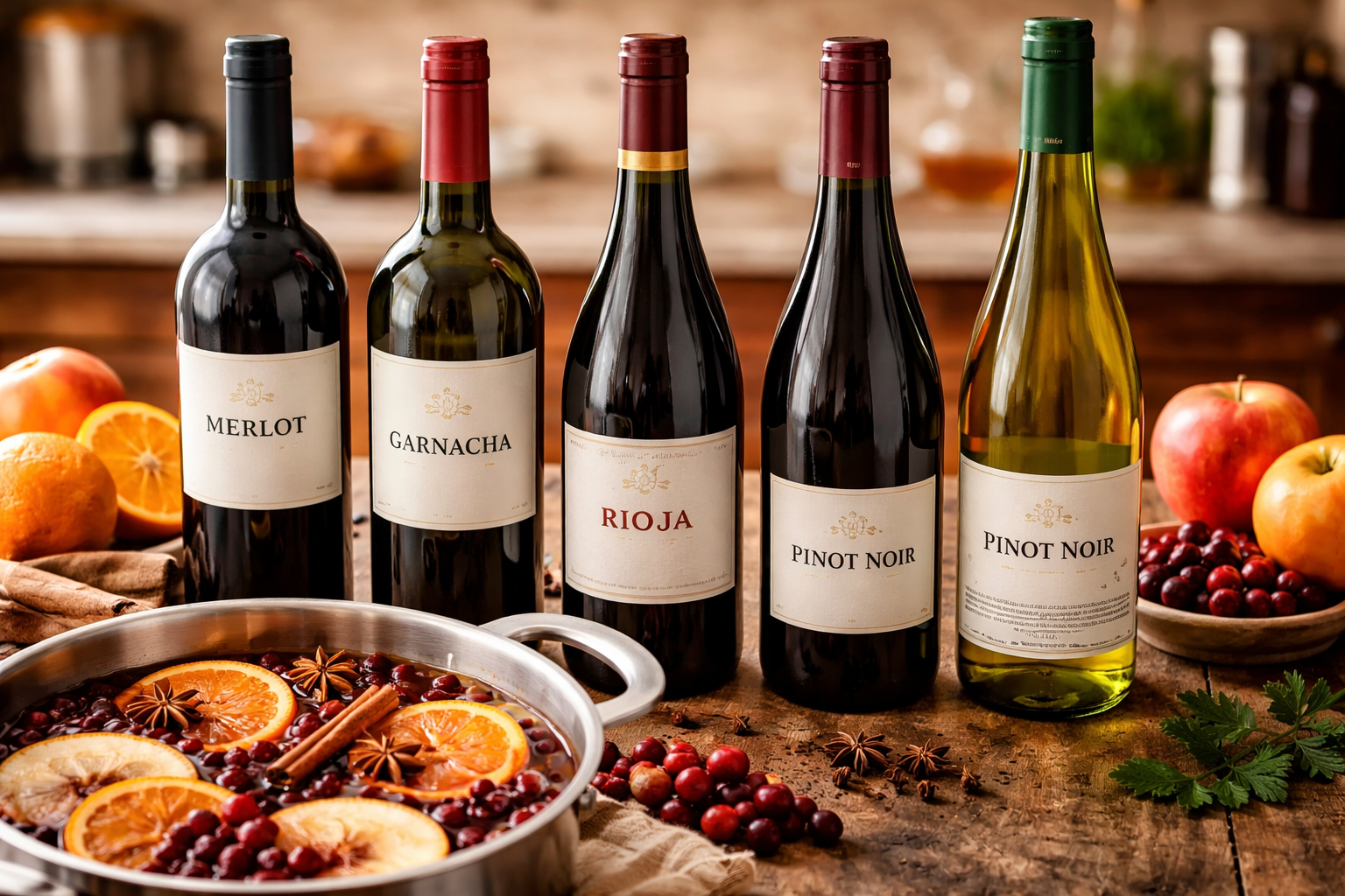 Lineup of Merlot, Garnacha, Rioja, Pinot Noir, and Riesling for wassail