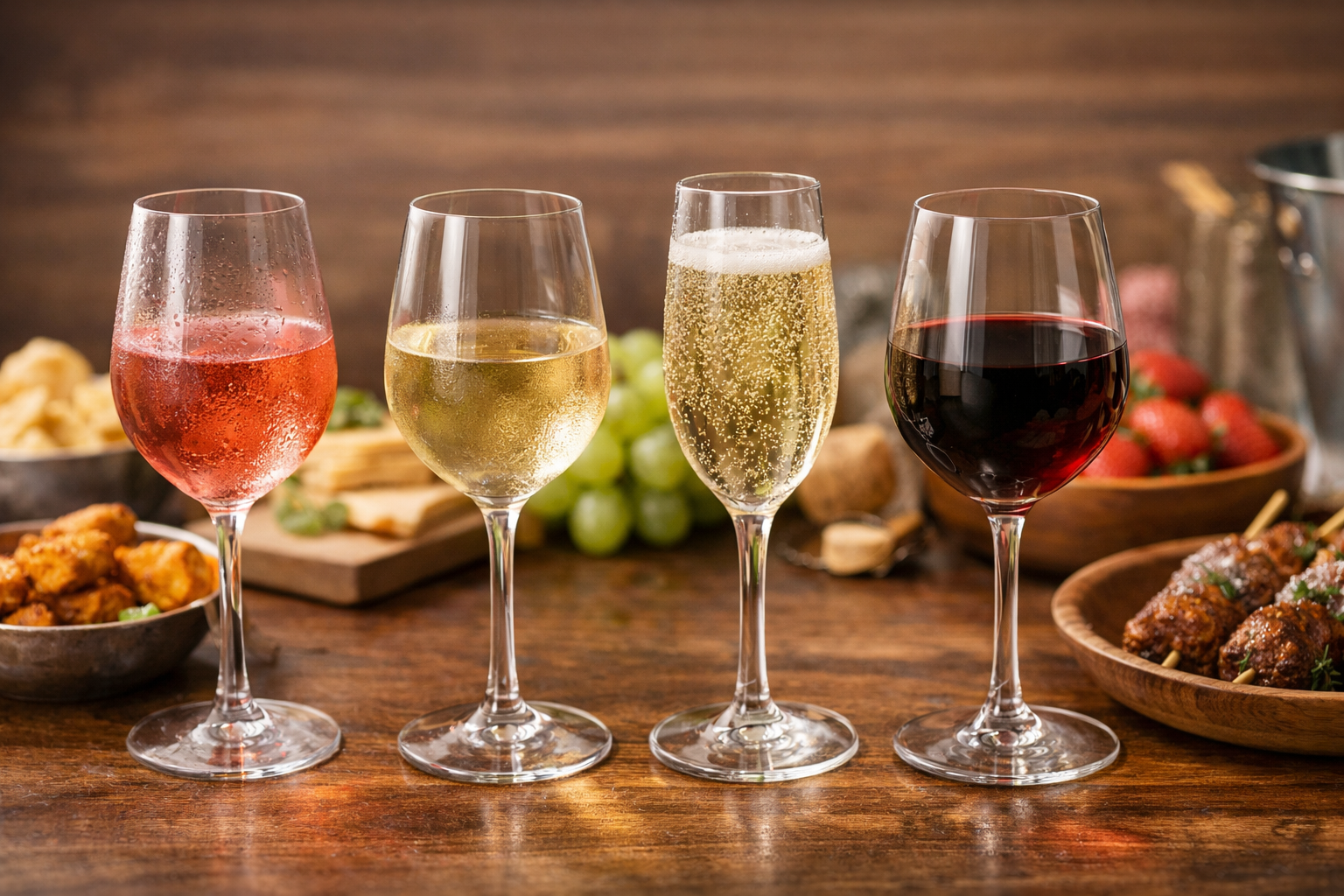 Beginner-friendly wine styles in India shown side by side with rose, white, sparkling, and soft red wine