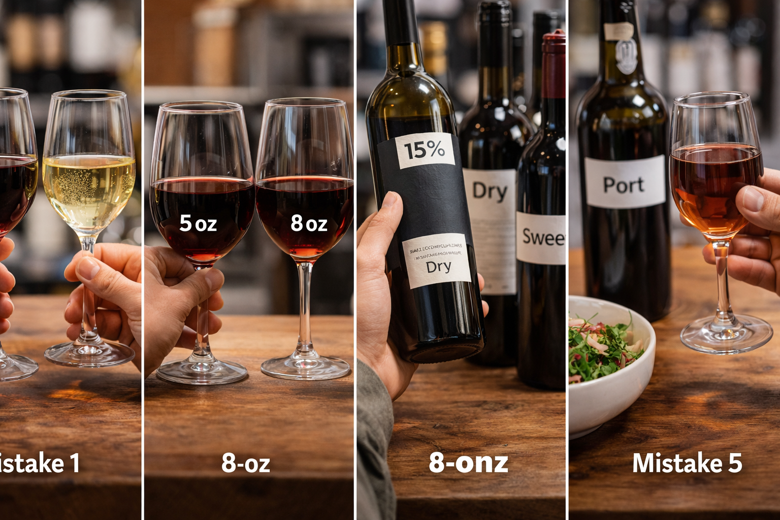 Comparison of standard wine pour, oversized home pour, and small fortified wine serving
