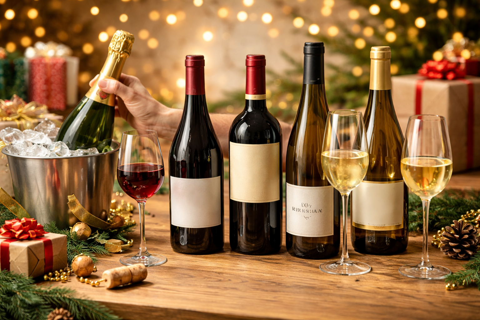 Comparison image of sparkling wine Pinot Noir Rioja Reserva dry Riesling and Chardonnay for a white elephant gift