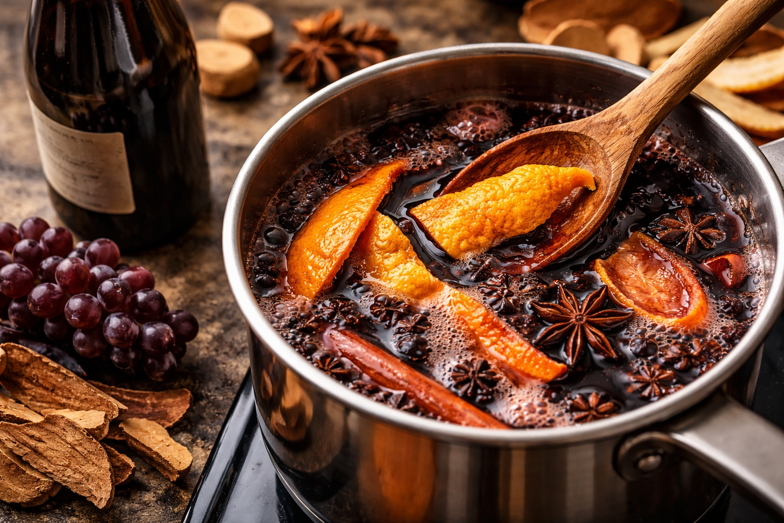 Best Wine for Vin Brule: 7 Smart Styles That Won’t Turn Bitter 2 Close-up of vin brule ingredients showing orange pith, spice-heavy pot, and wine elements that can cause bitterness