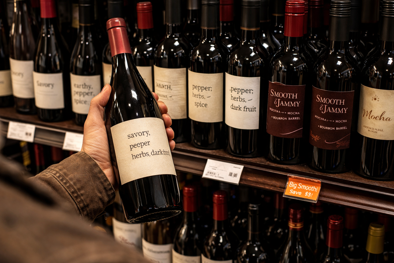 Wine shelf with labels showing savory food-friendly cues versus jammy red wine cues
