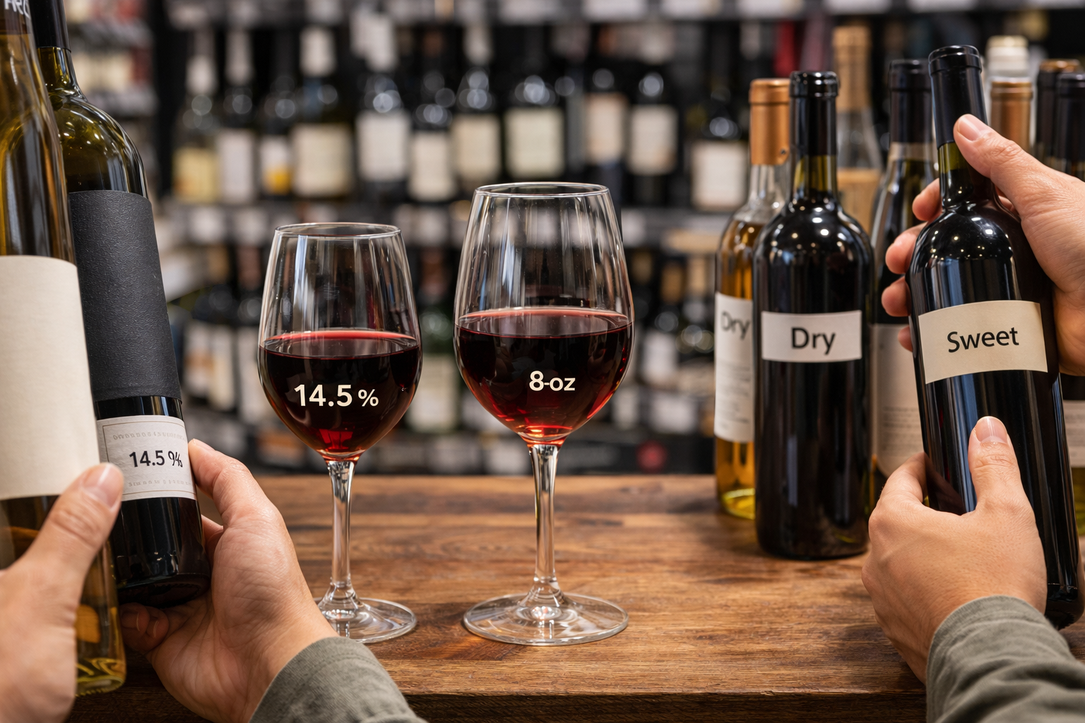 Wine bottle label showing ABV beside small and large wine pours in measuring glasses