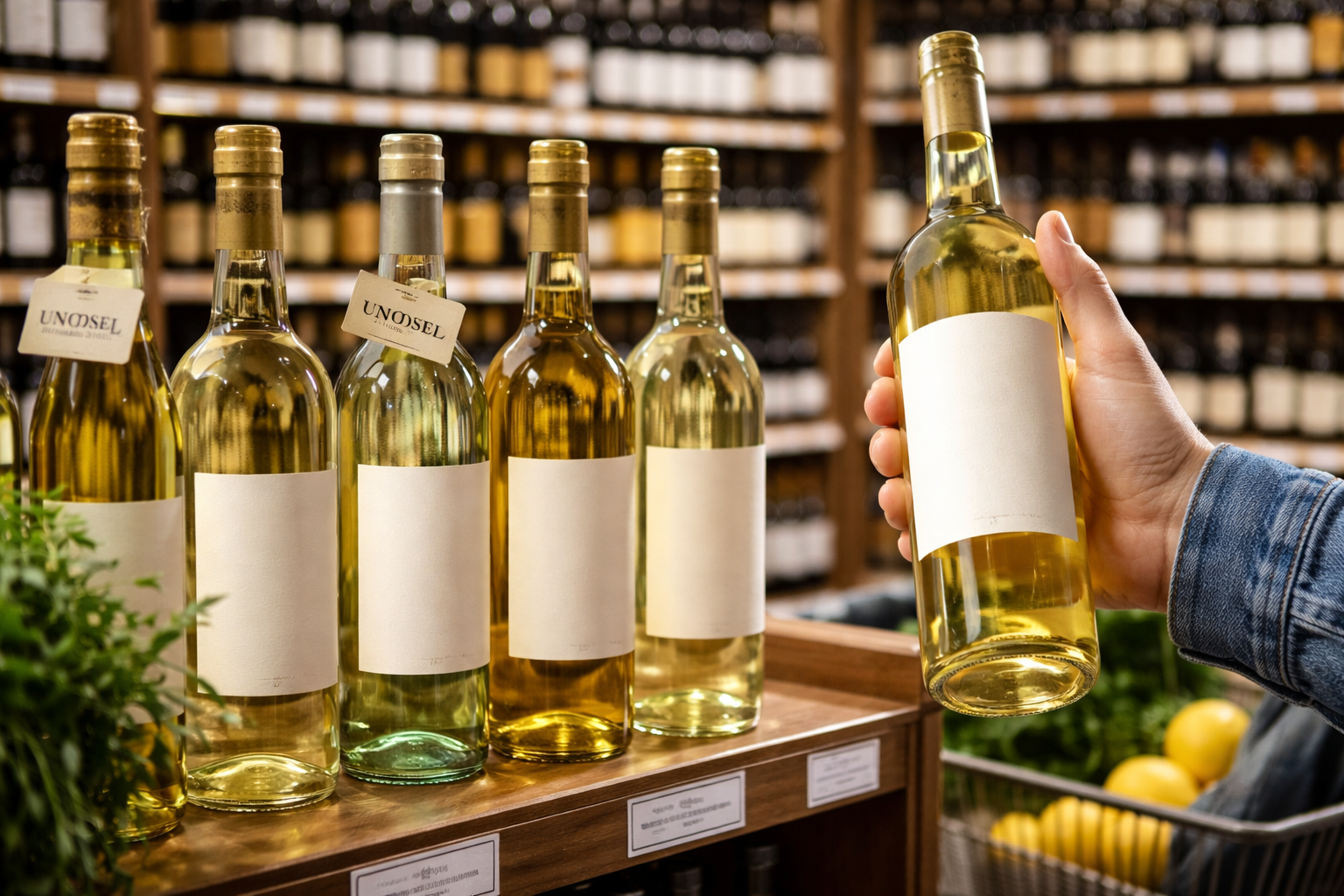 Dry white wine bottles on a store shelf with useful label cues for cooking