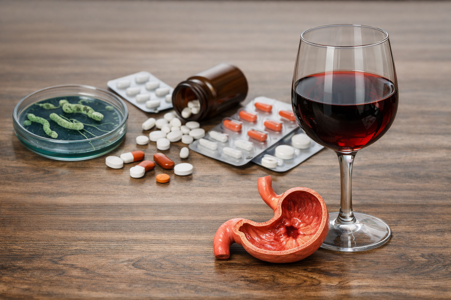 Best Wine for Ulcers? 5 Safe Rules Before You Drink 1 Diagram showing H. pylori infection and NSAID use as main ulcer causes with wine as a symptom trigger