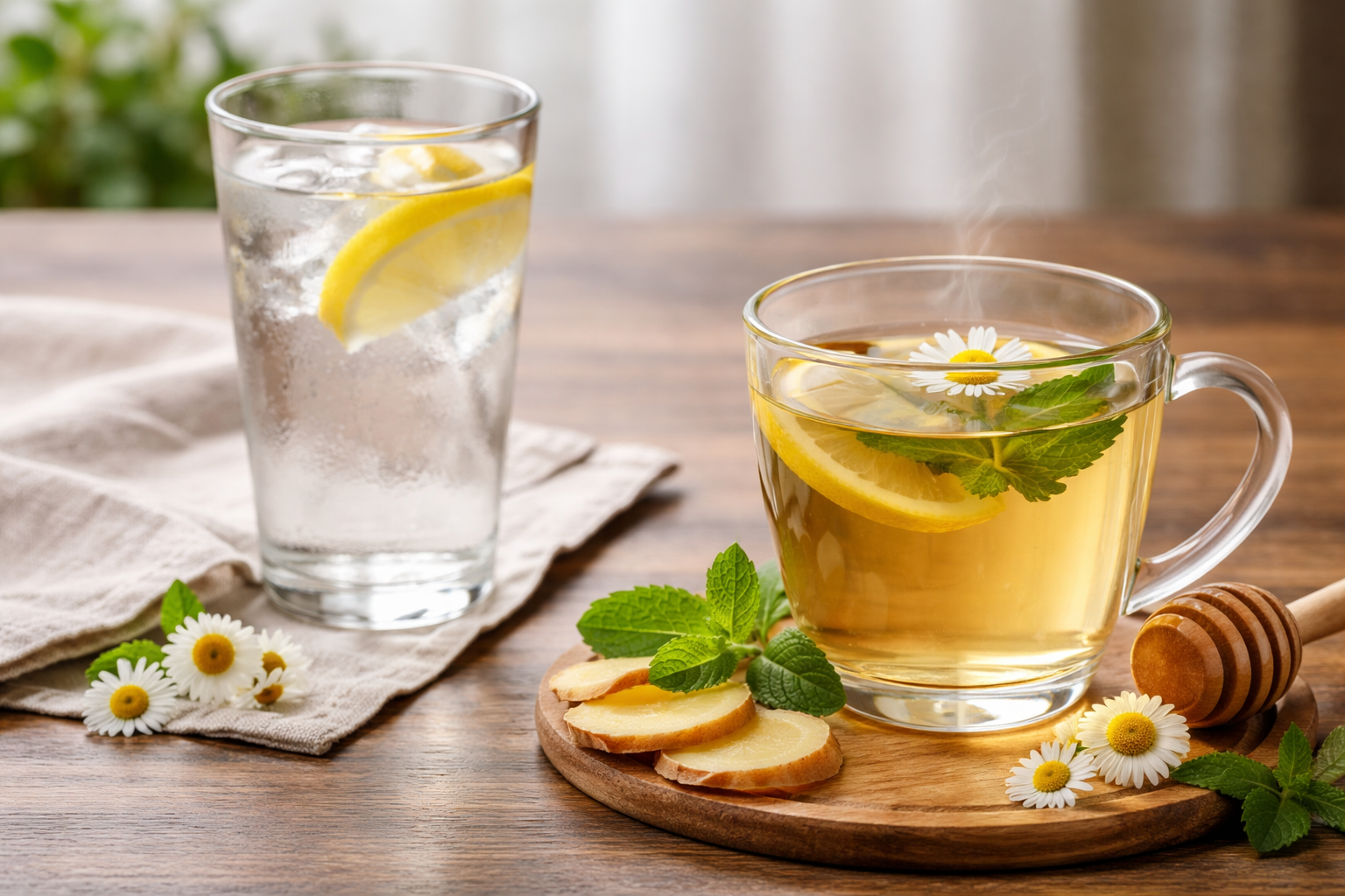 Best Wine for Ulcers? 5 Safe Rules Before You Drink 3 Side-by-side drinks image showing water and herbal tea versus wine, coffee, fizzy drinks, and citrus drinks