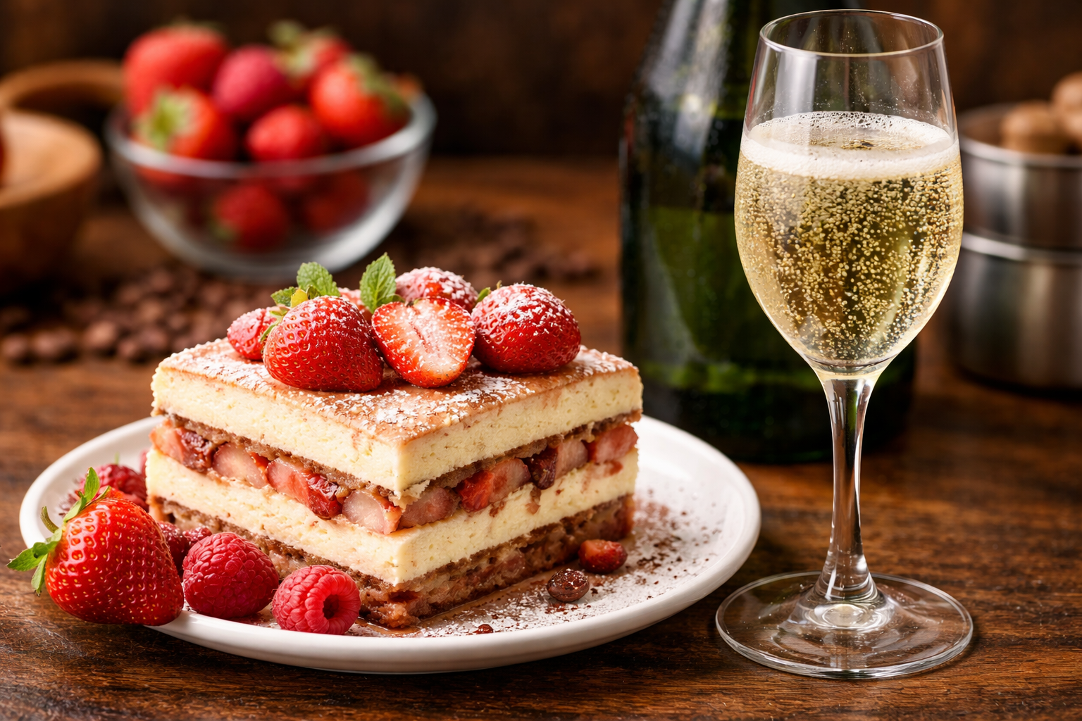 Sparkling wine and fortified wine beside tiramisu for pairing comparison